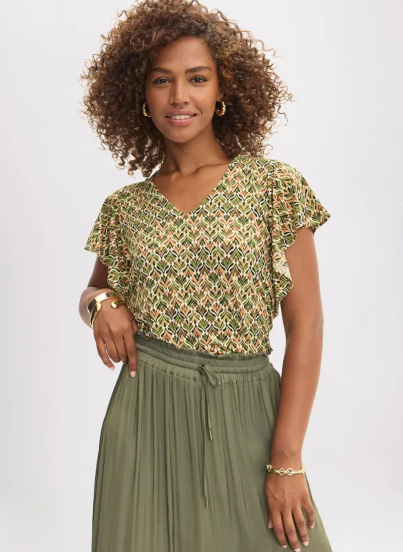 Geometric Print Ruffle Sleeve Top sold by Laura