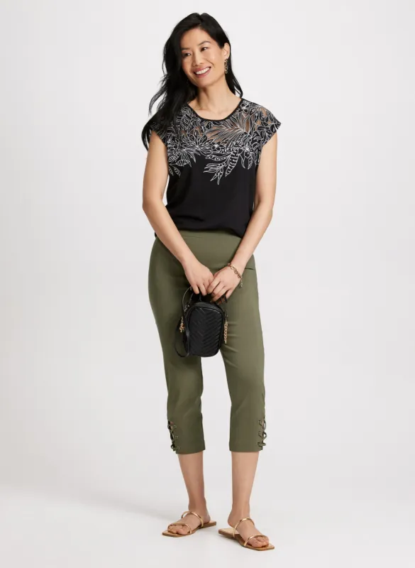 Floral Trim Burnout Tee & Pull-On Bengaline Capris sold by Laura