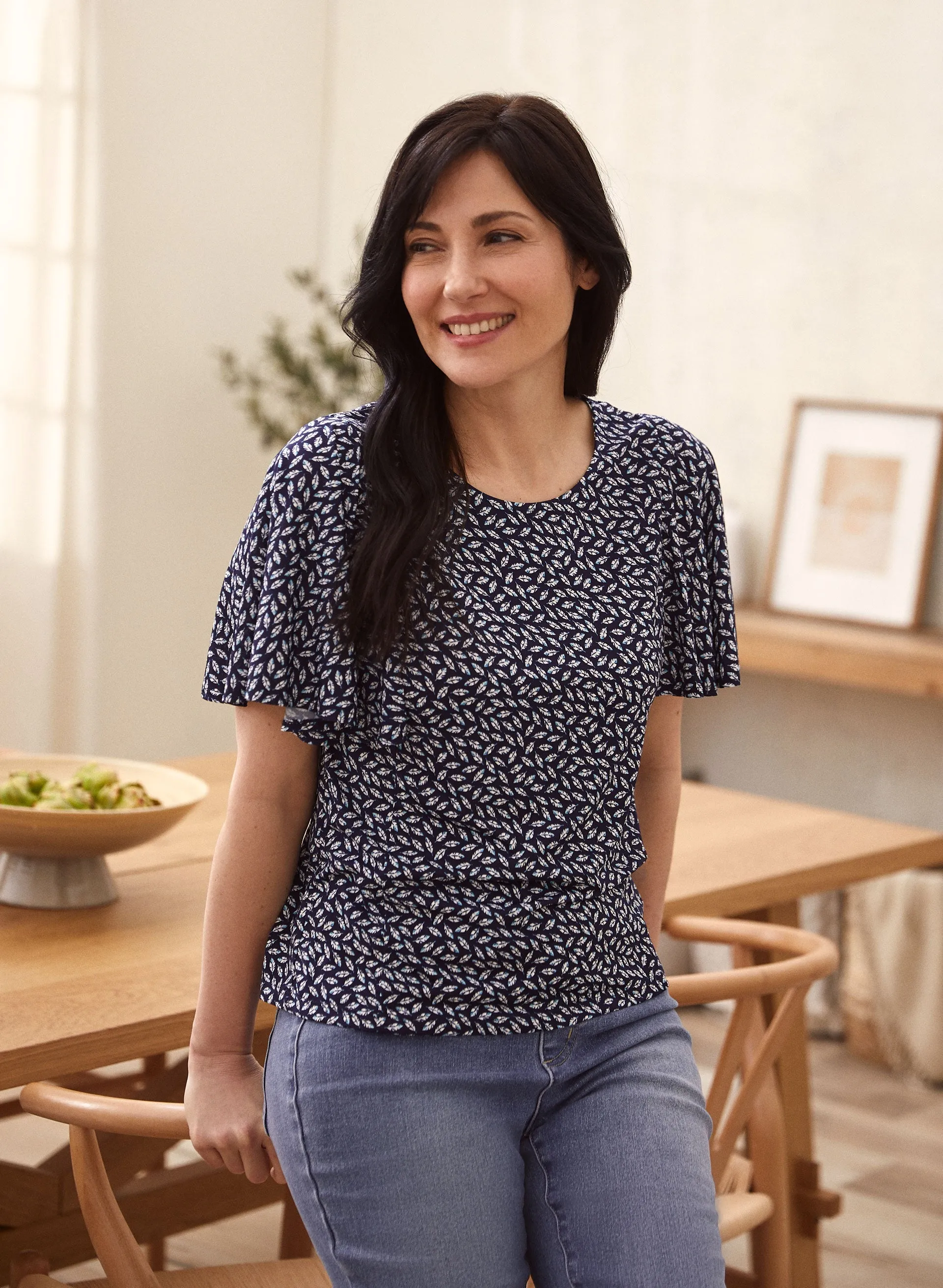 Flutter Sleeve Leaf Print Top sold by Laura