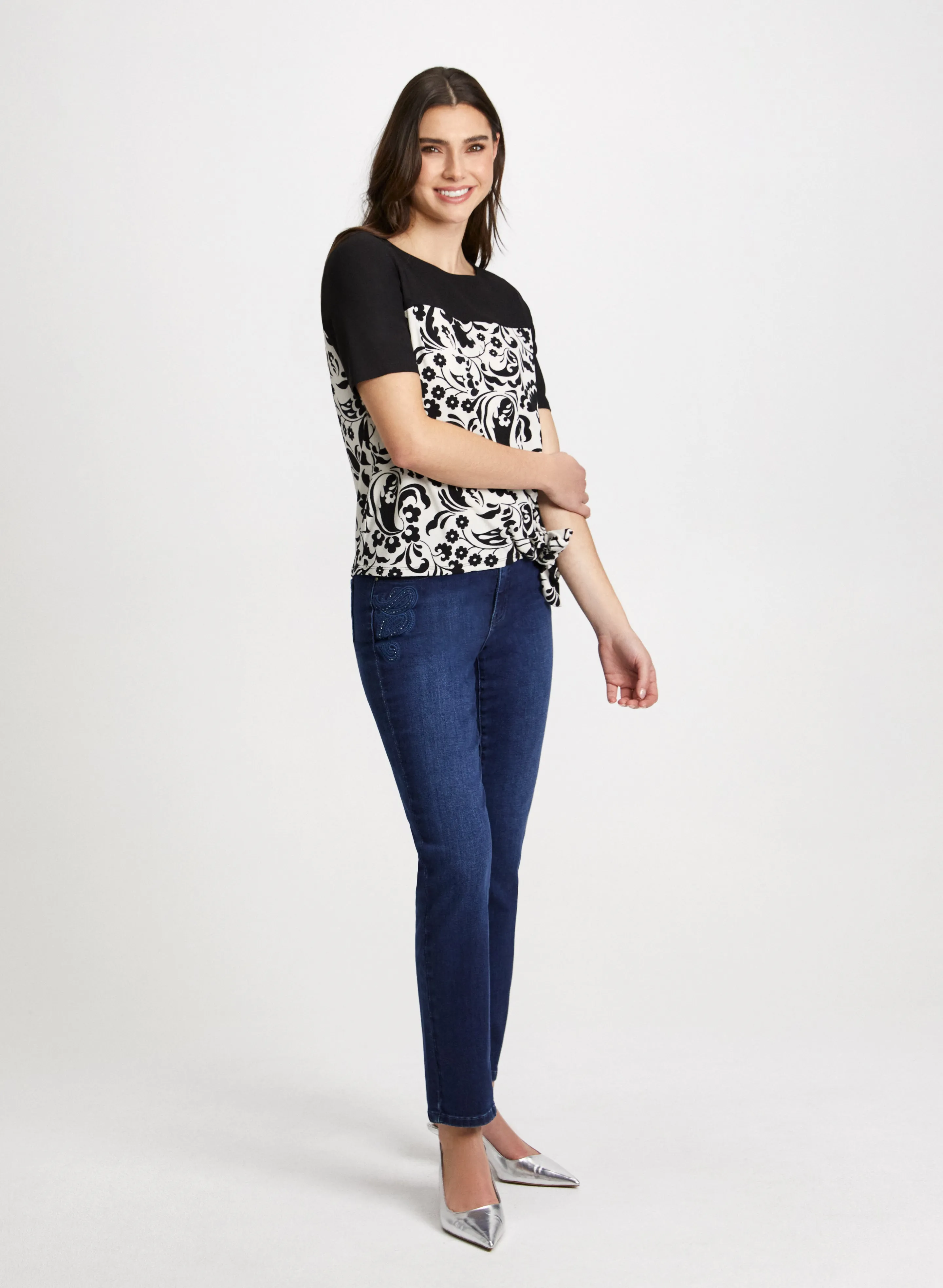Tie Detail Floral Print Top & Embroidered Jeans sold by Laura