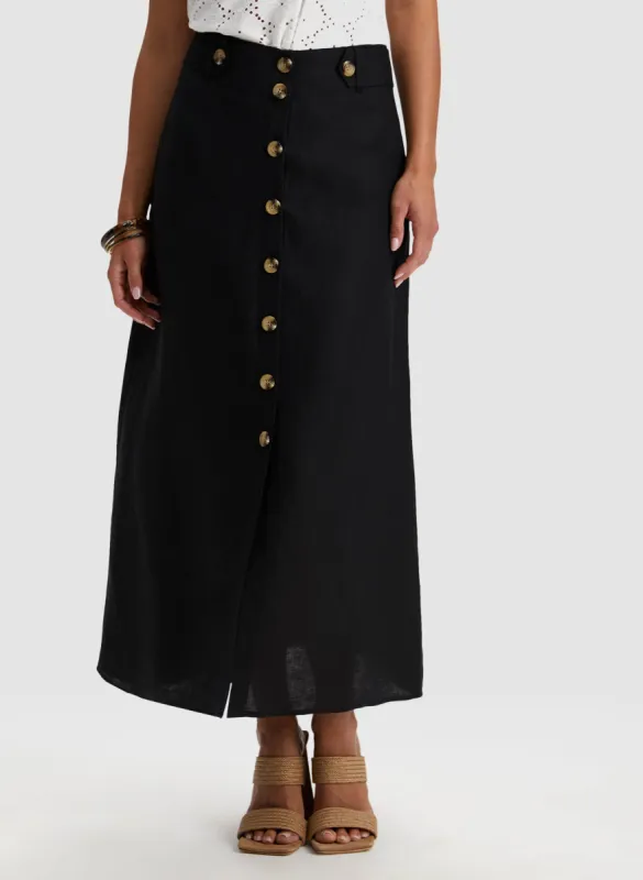 Button Detail Linen Maxi Skirt sold by Laura