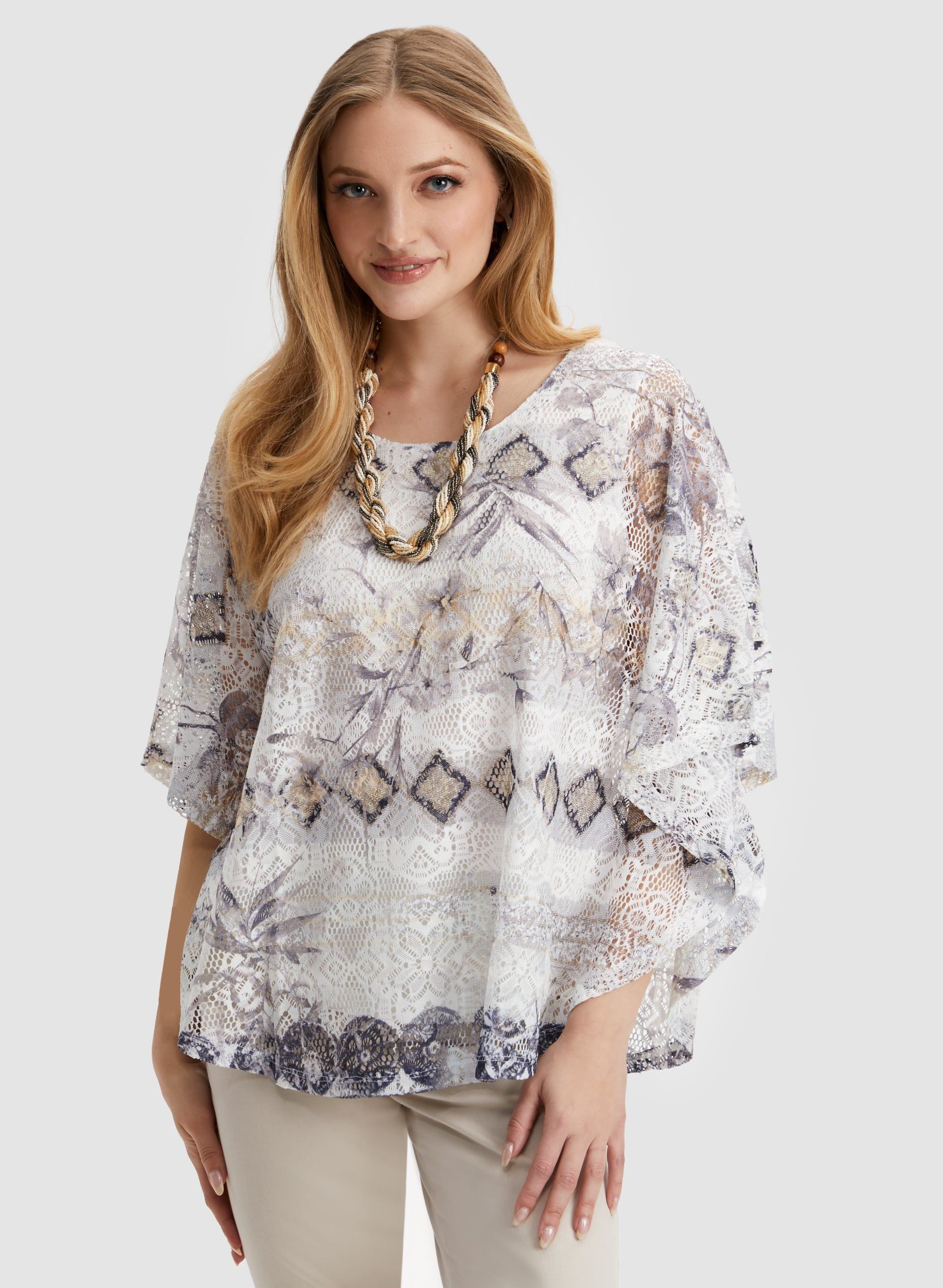 Geometric Print Lace Poncho Top sold by Laura