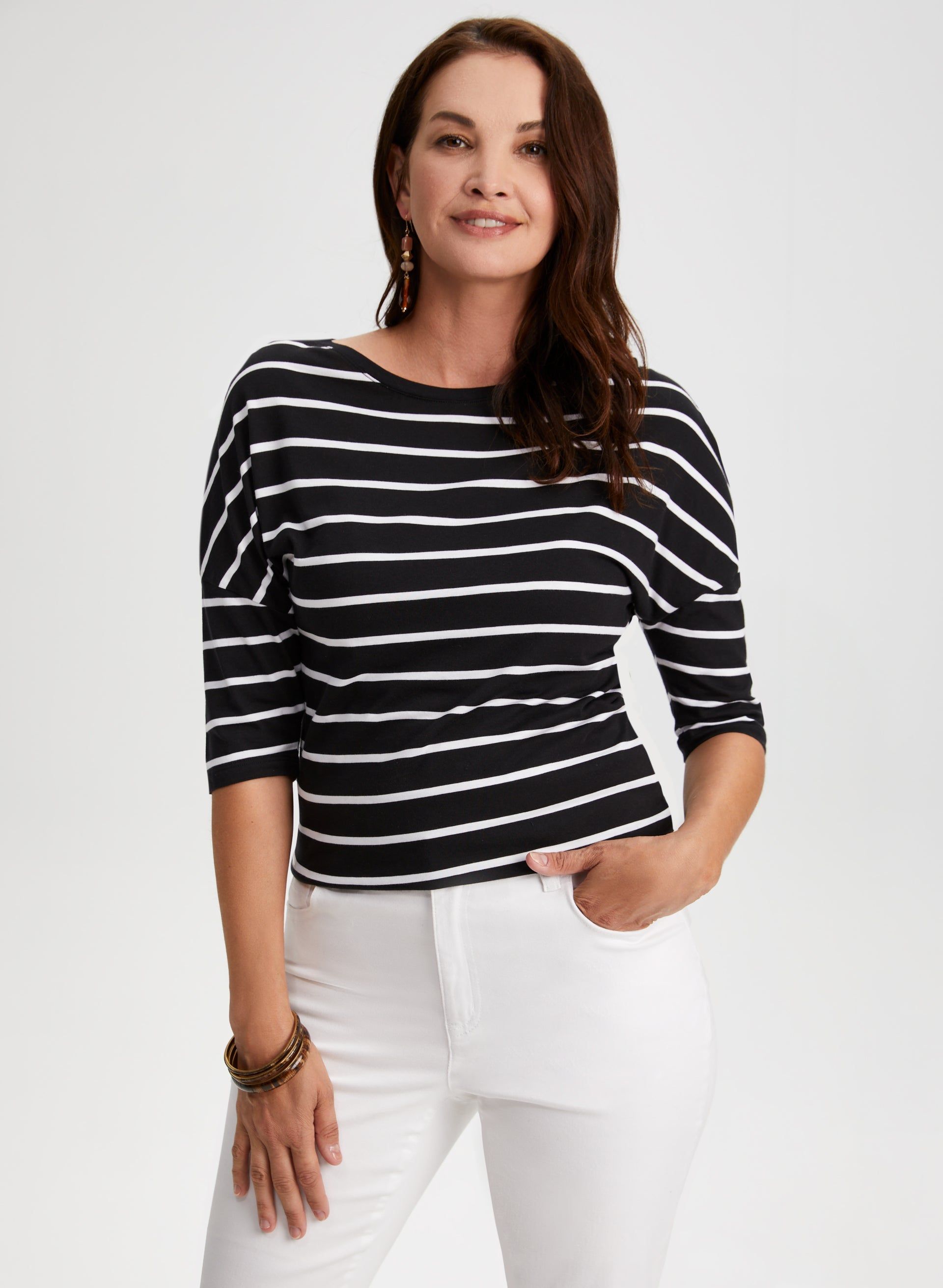 Stripe Print 3/4 Sleeve Tee sold by Laura