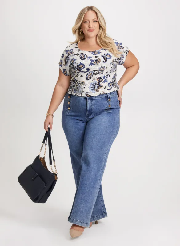 Drop Shoulder Paisley Print Top & Button Detail Wide Leg Jeans sold by Laura