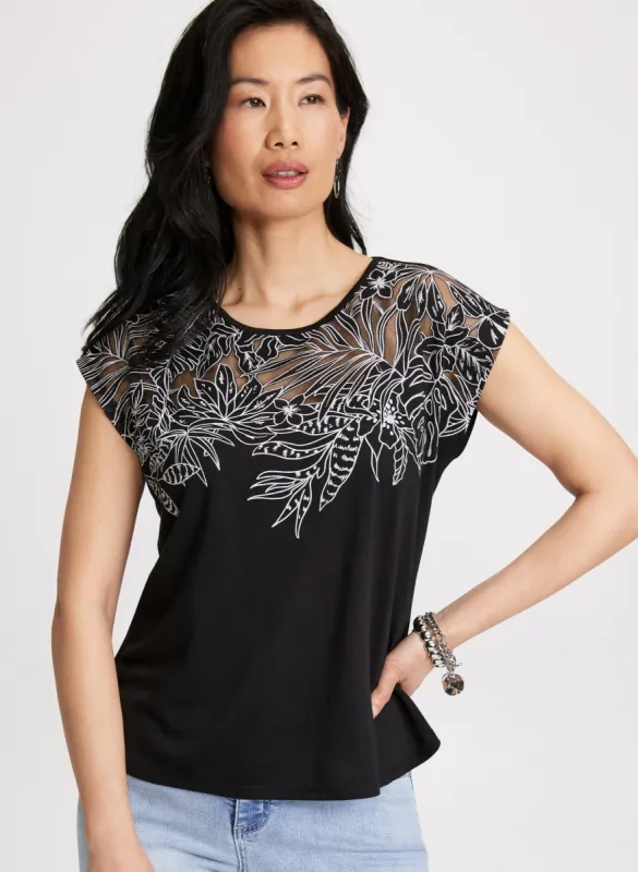 Floral Trim Burnout Tee sold by Laura