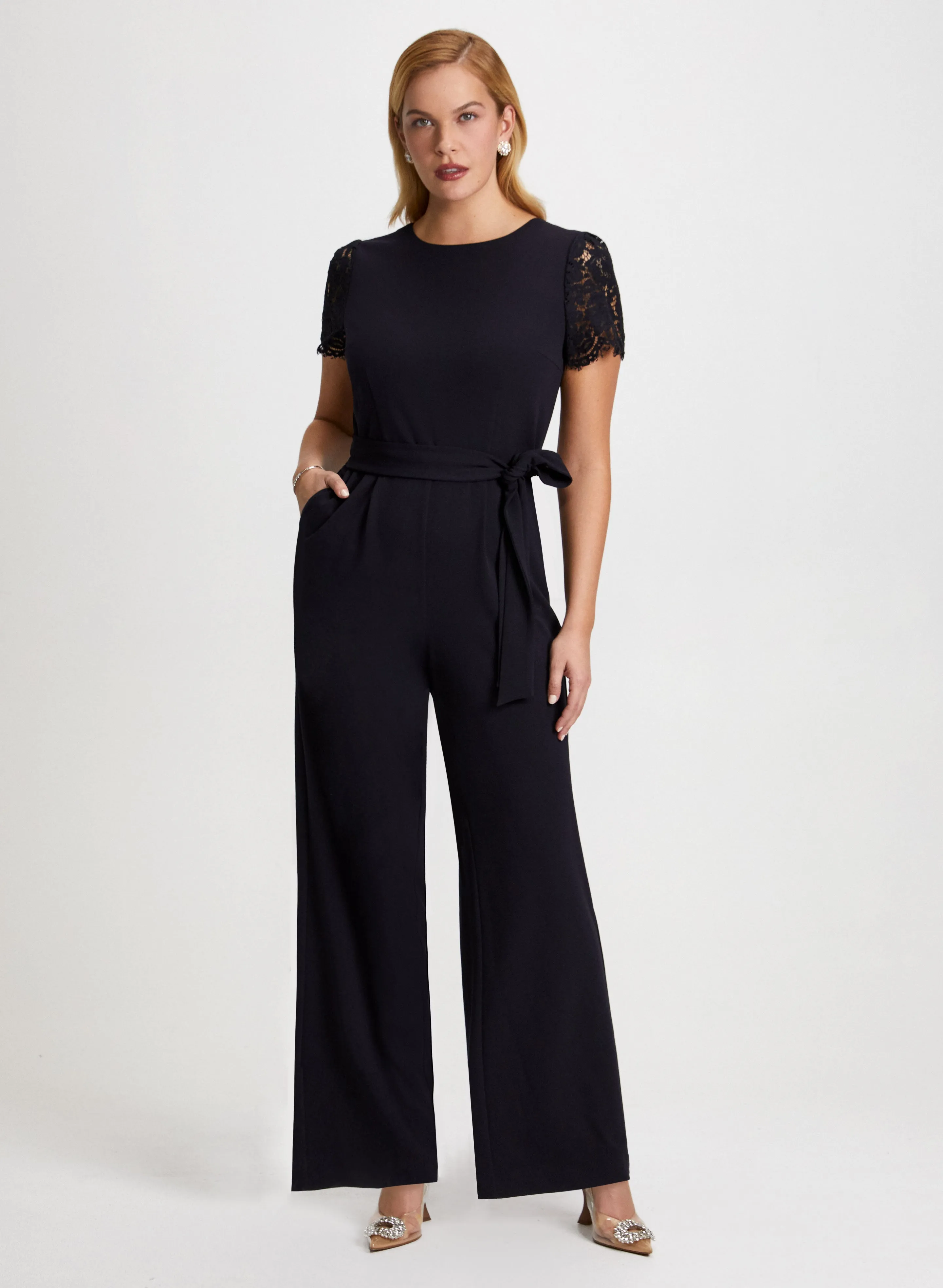 Lace Sleeve Belted Jumpsuit sold by Laura