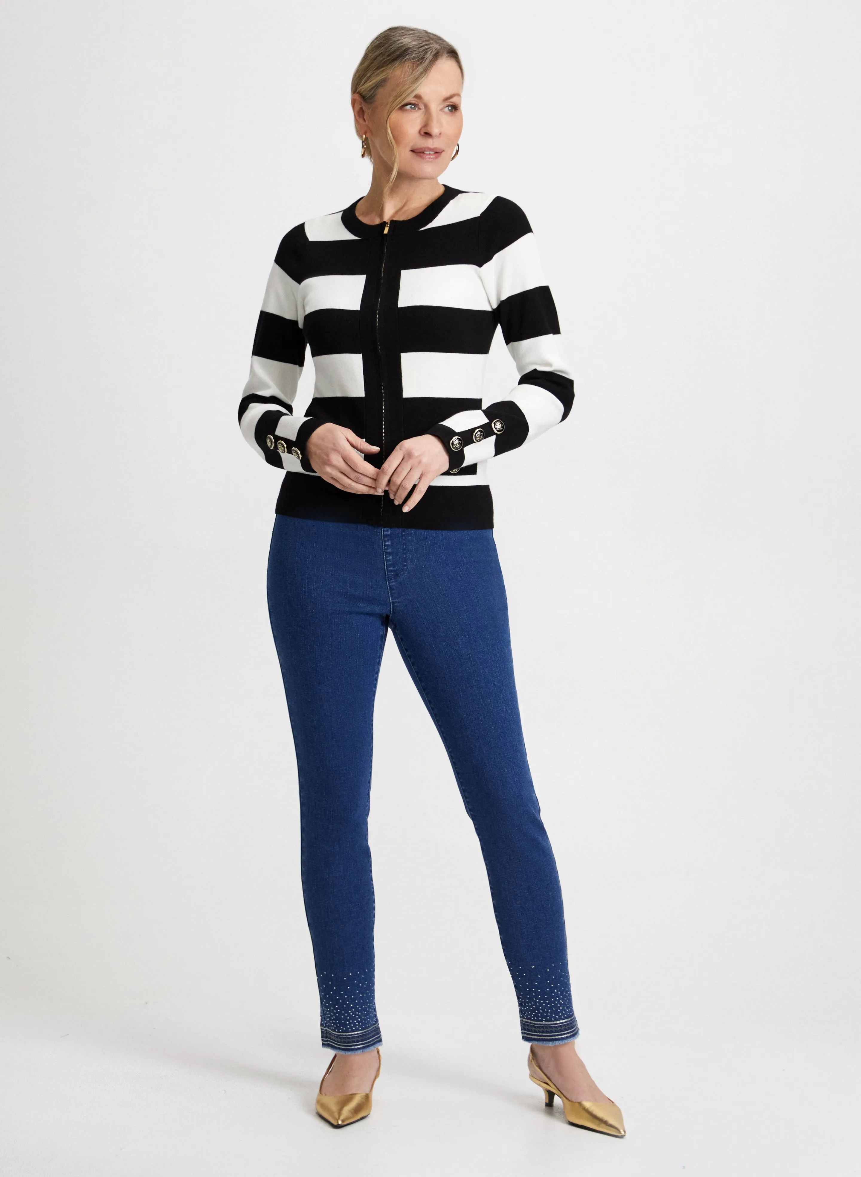 Stripe Print Cardigan & Sequin Hem Jeans sold by Laura