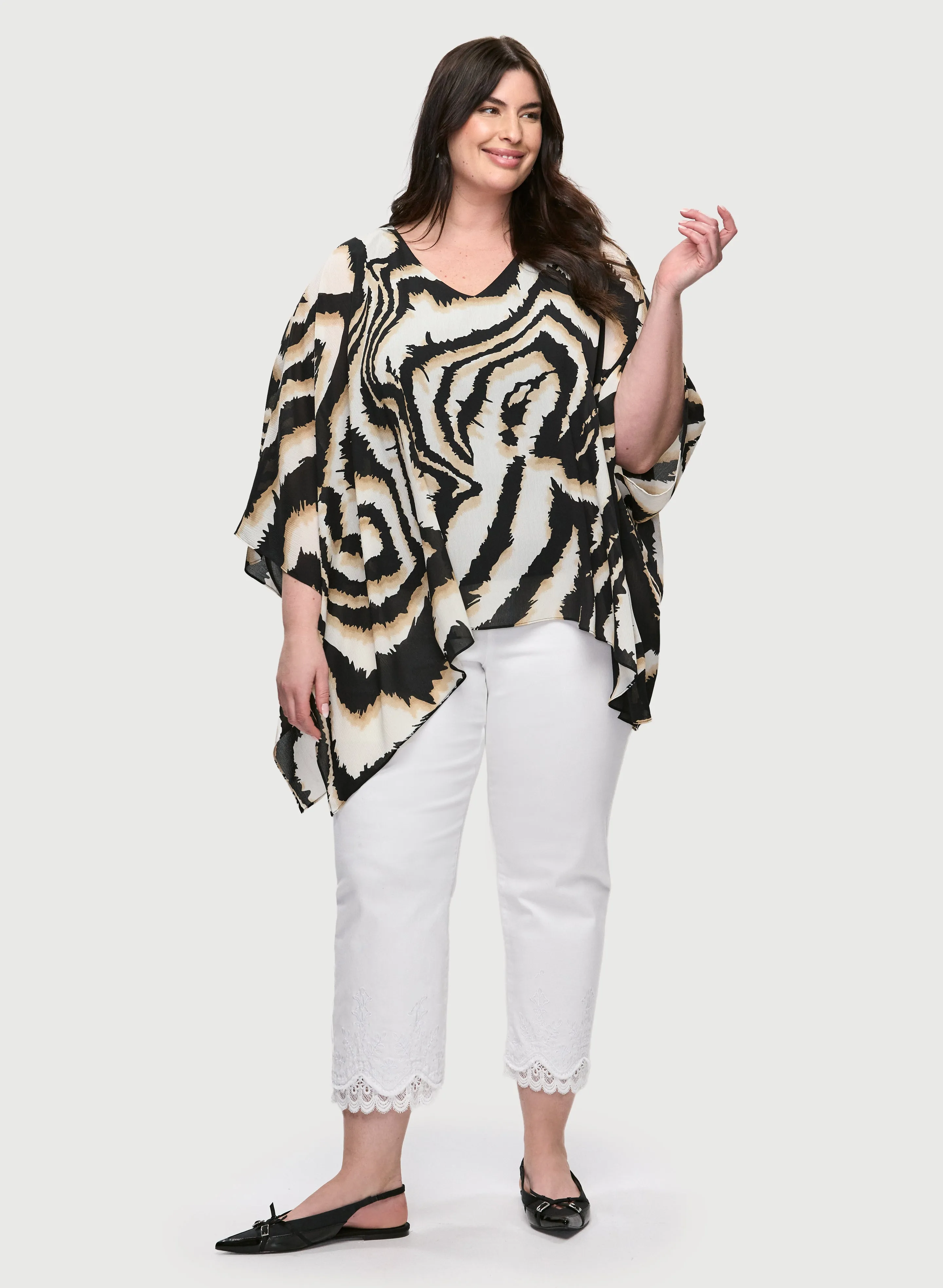 Poncho-Style Animal Print Blouse & Lace Hem Denim Capris sold by Laura