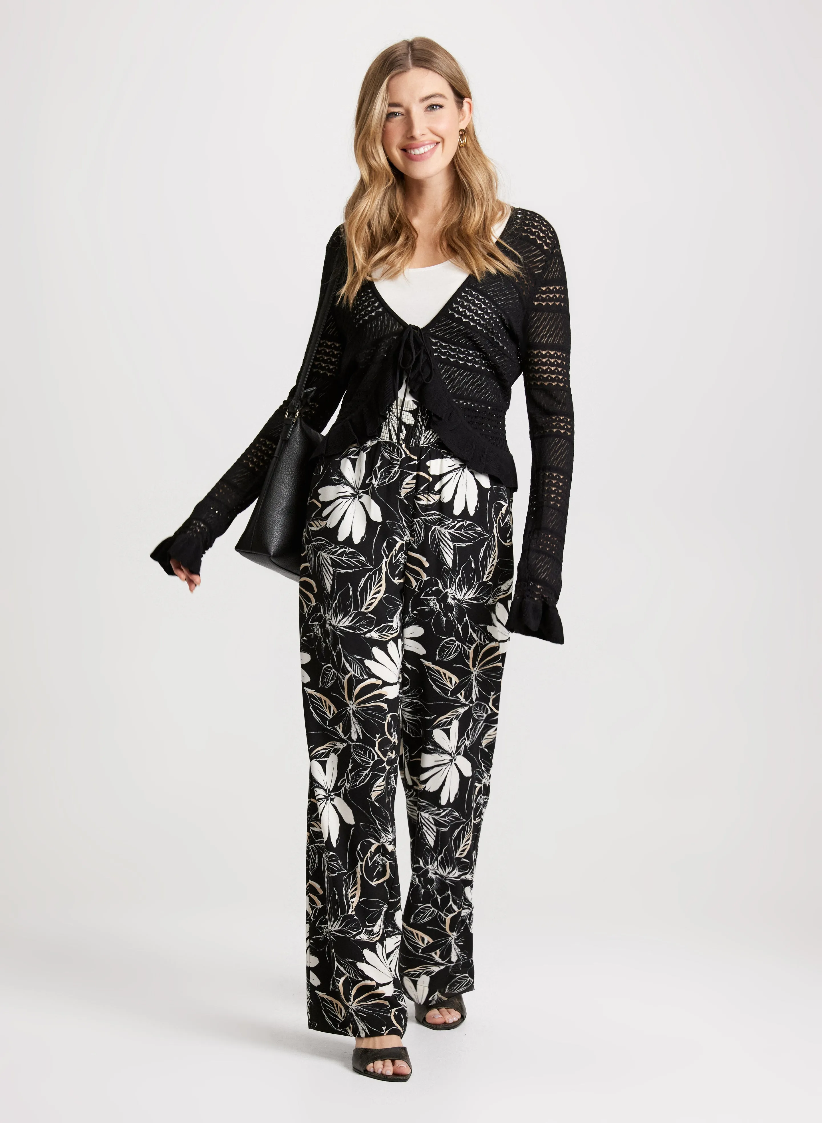 Pointelle Cardigan & Floral Wide Leg Pants sold by Laura