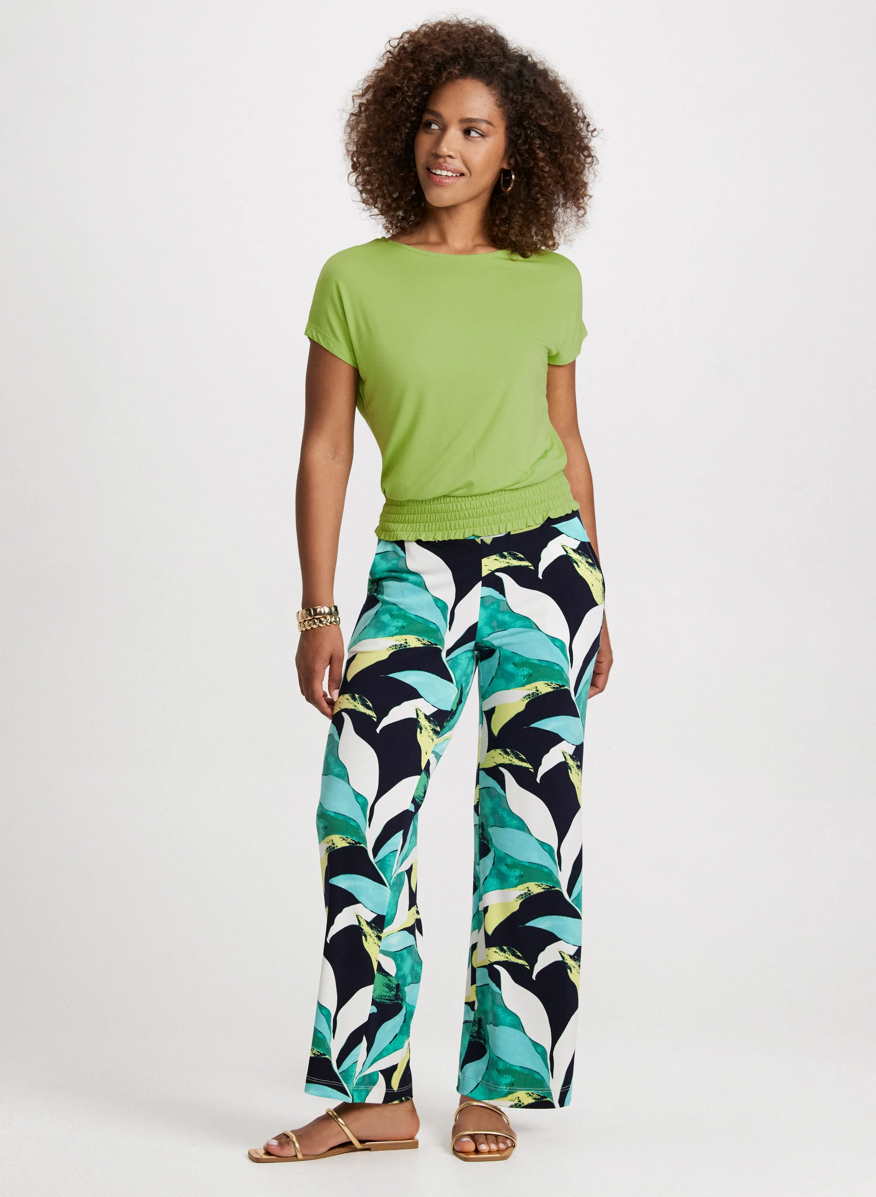 Smocked Waist T-Shirt & Tropical Print Pull-On Pants sold by Laura