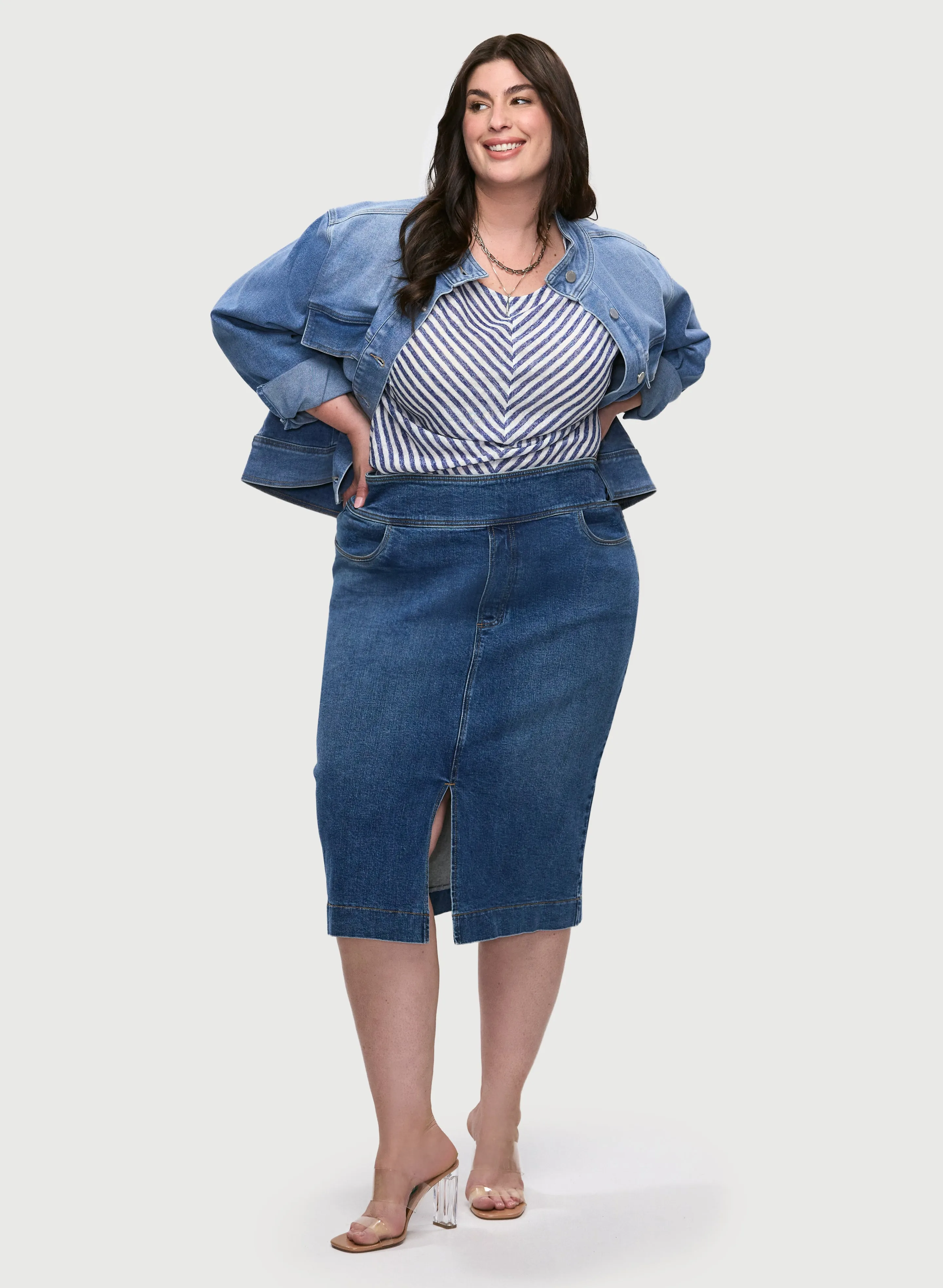 Stand Collar Denim Jacket & Pencil Skirt sold by Laura