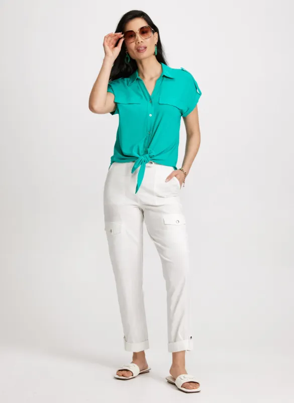 Button Down Blouse & Drawstring Waist Cargo Capris sold by Laura