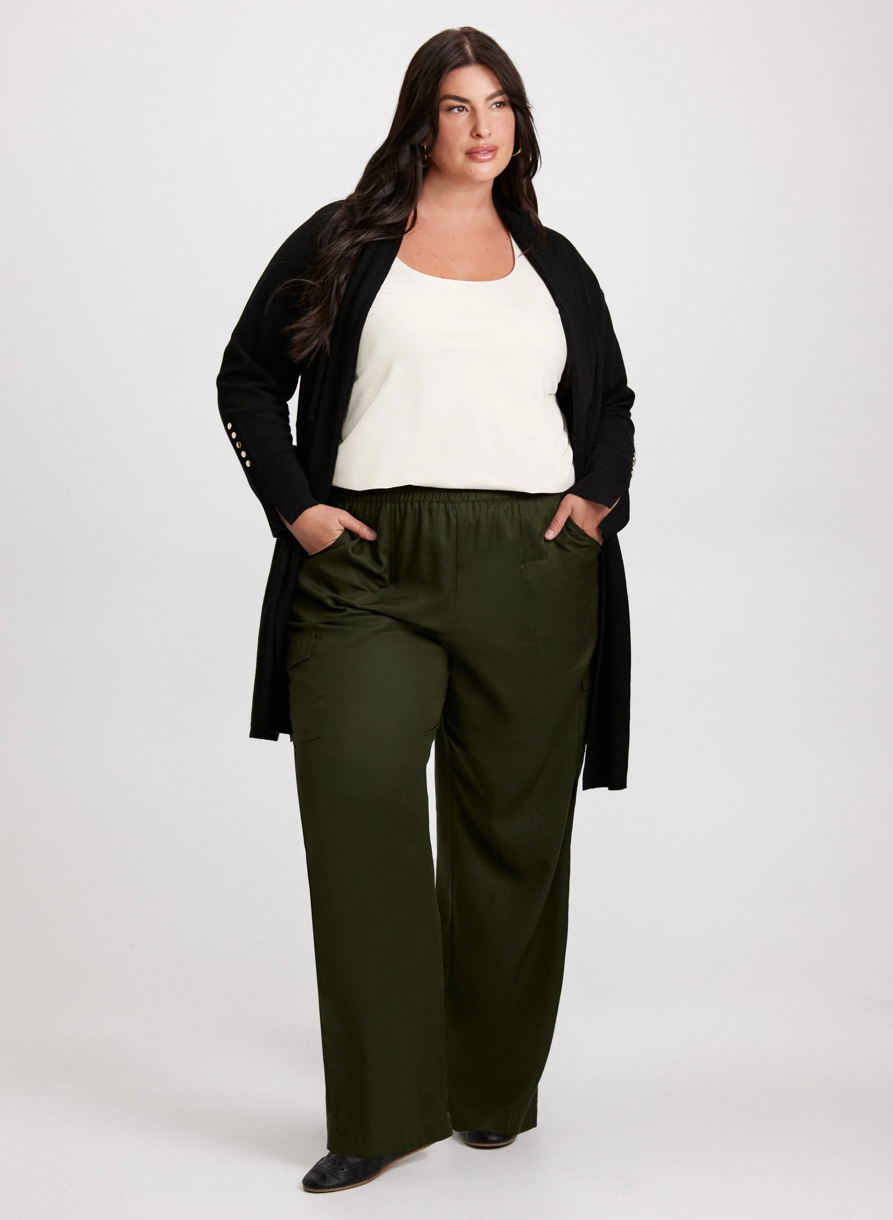 Open-Front Cardigan & Tencel Cargo Pants sold by Laura