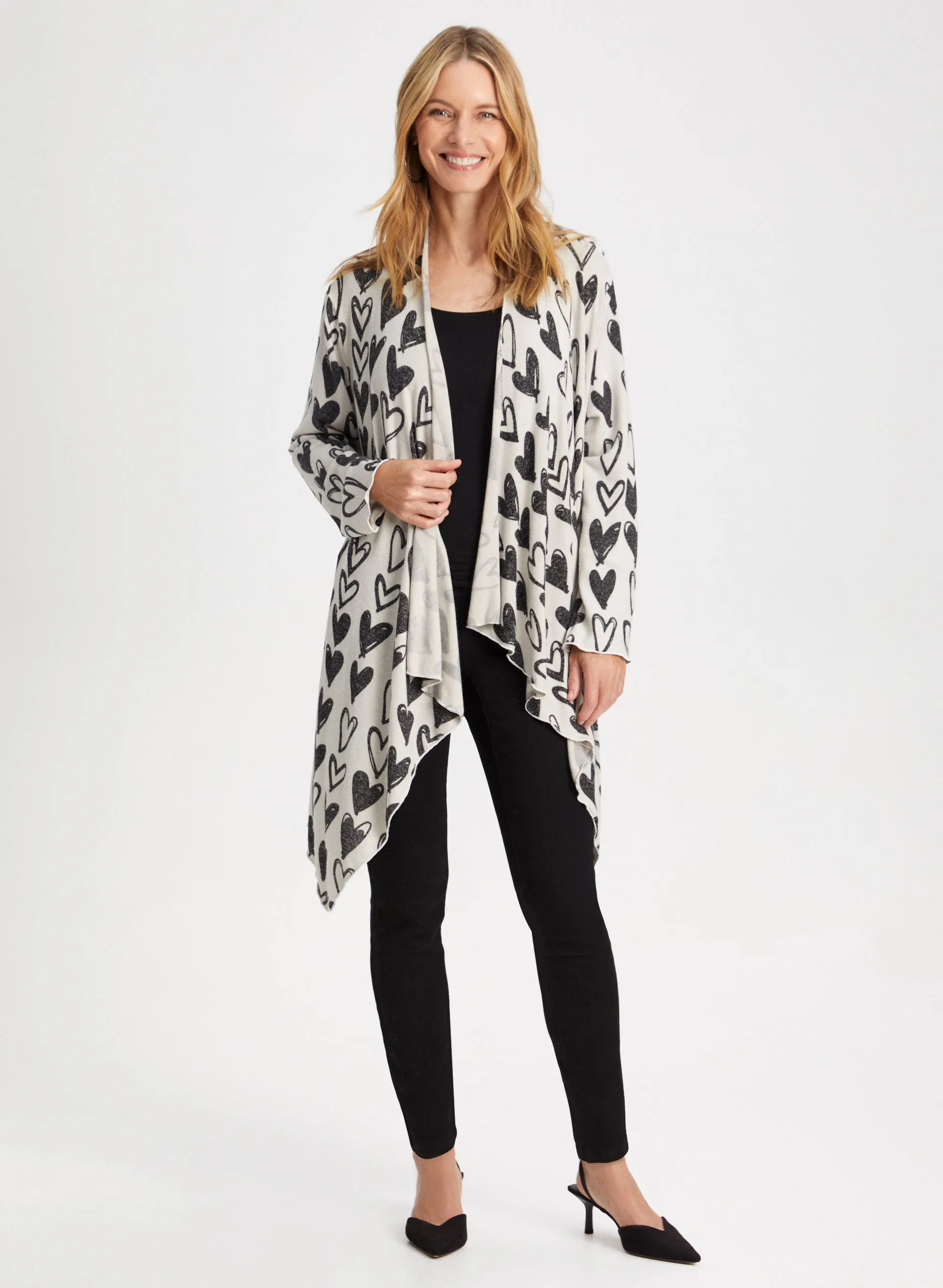 Heart Print Shawl Collar Cardigan sold by Laura