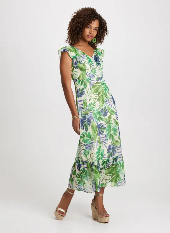 Ruffled Leaf Print Maxi Dress sold by Laura