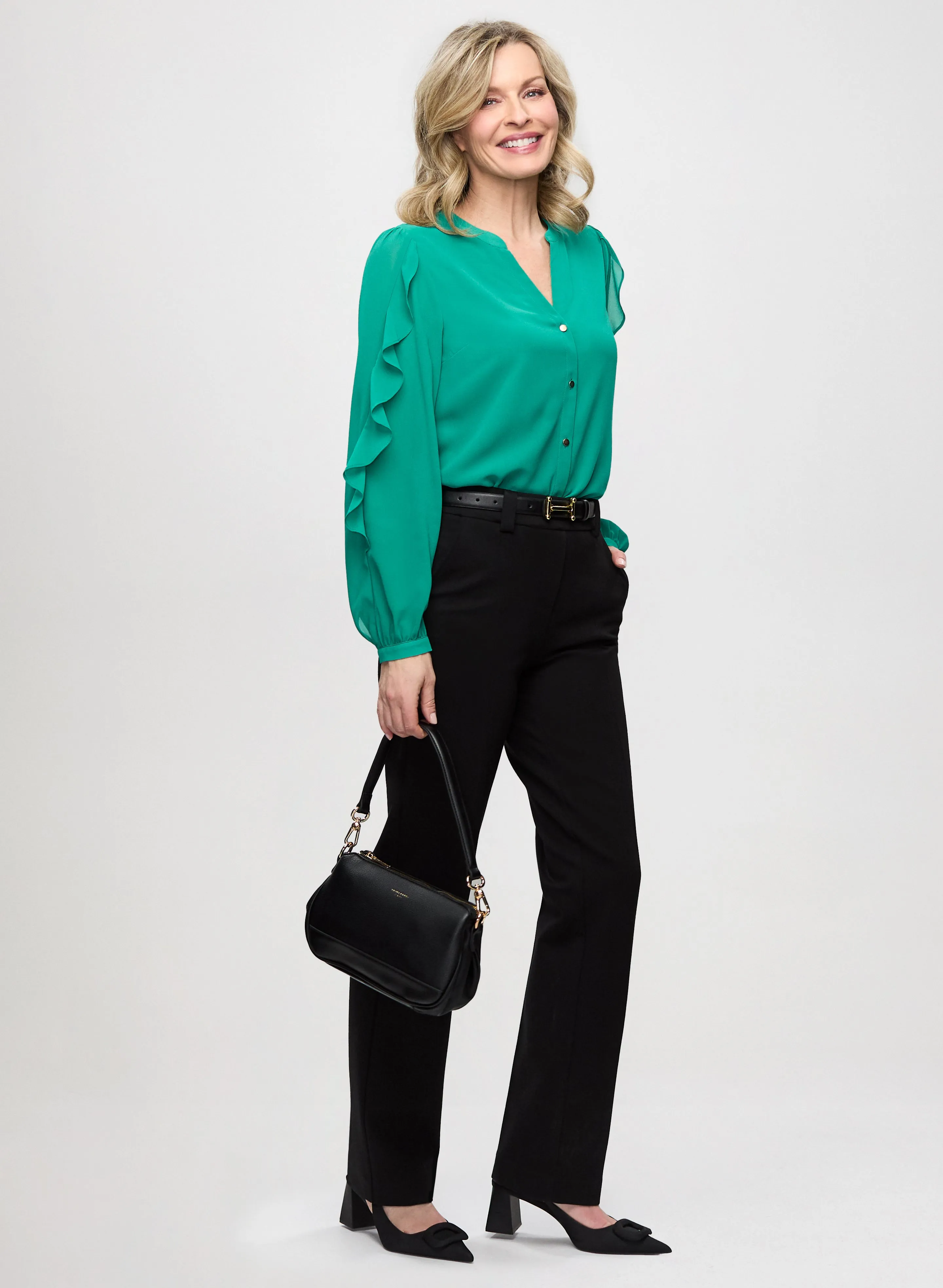 Split Neck Ruffle Sleeve Blouse & Straight Leg Pants sold by Laura
