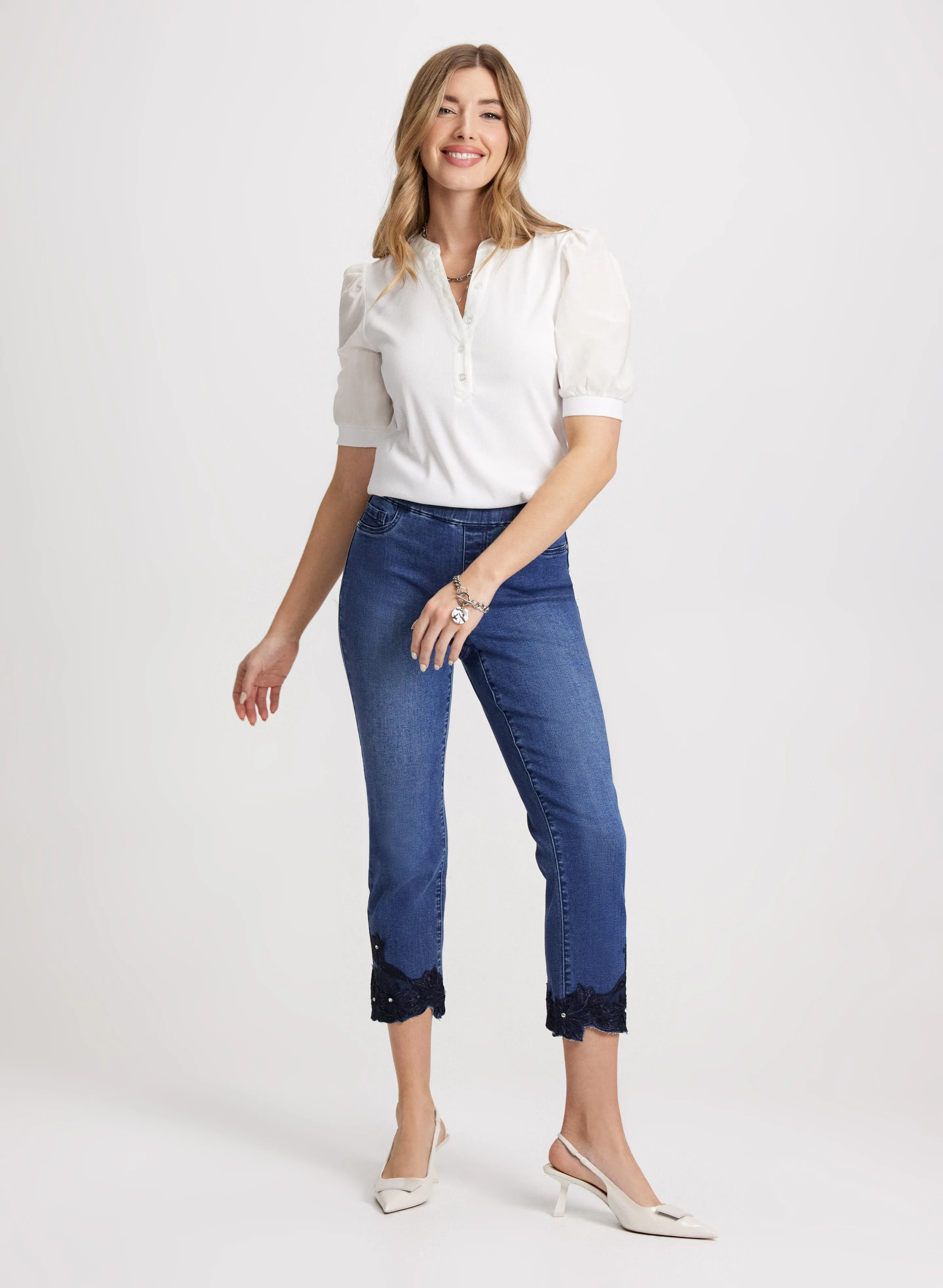 Puff Sleeve T-Shirt & Embroidered Hem Jeans sold by Laura
