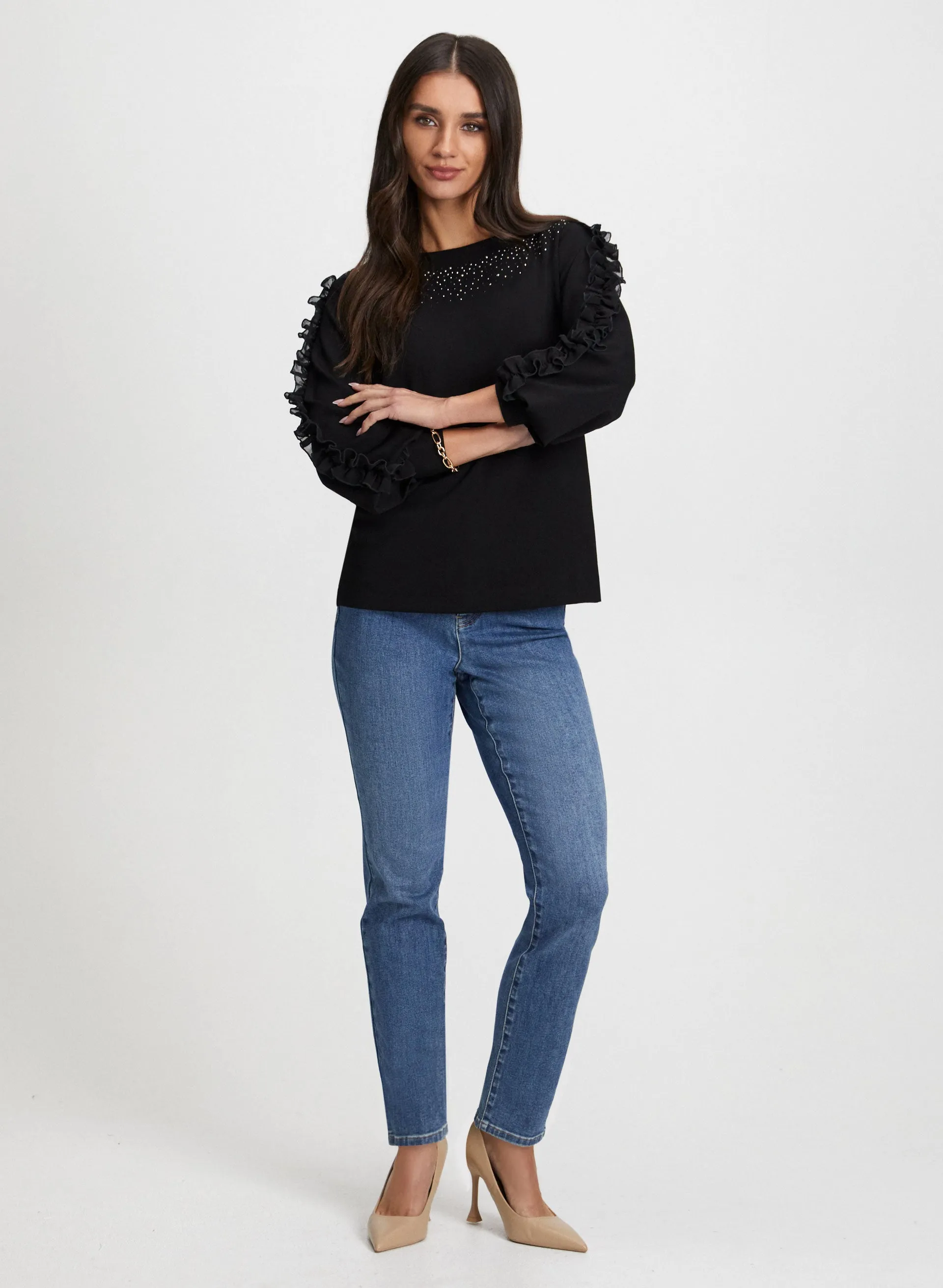 Ruffle Sleeve Top & Straight Leg Jeans sold by Laura
