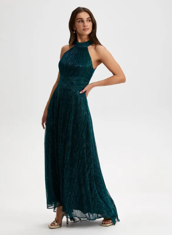 Metallic Crinkle Halter Neck Dress sold by Laura