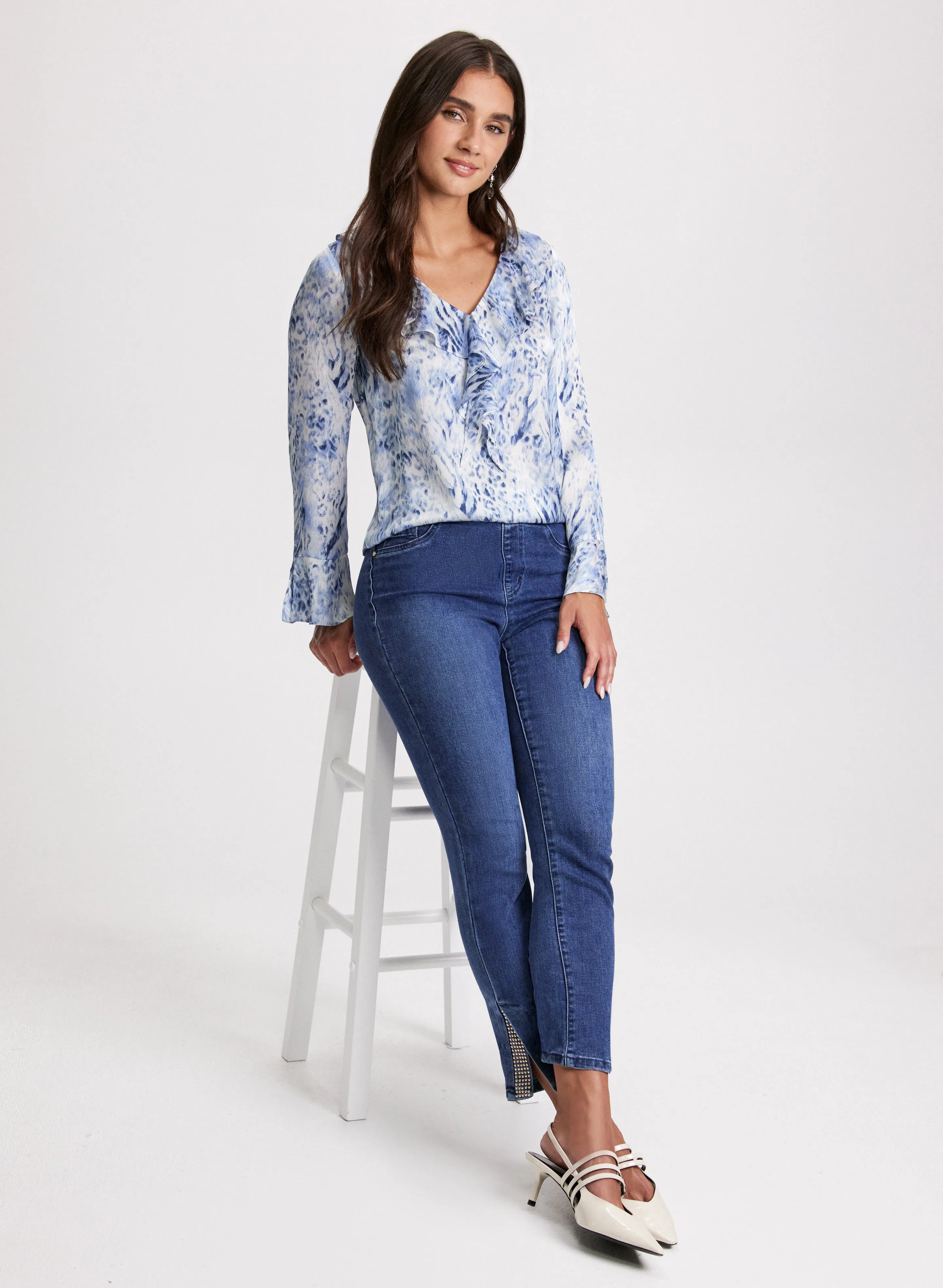 Ruffle V-Neck Blouse & Embellished Hem Slit Jeans sold by Laura