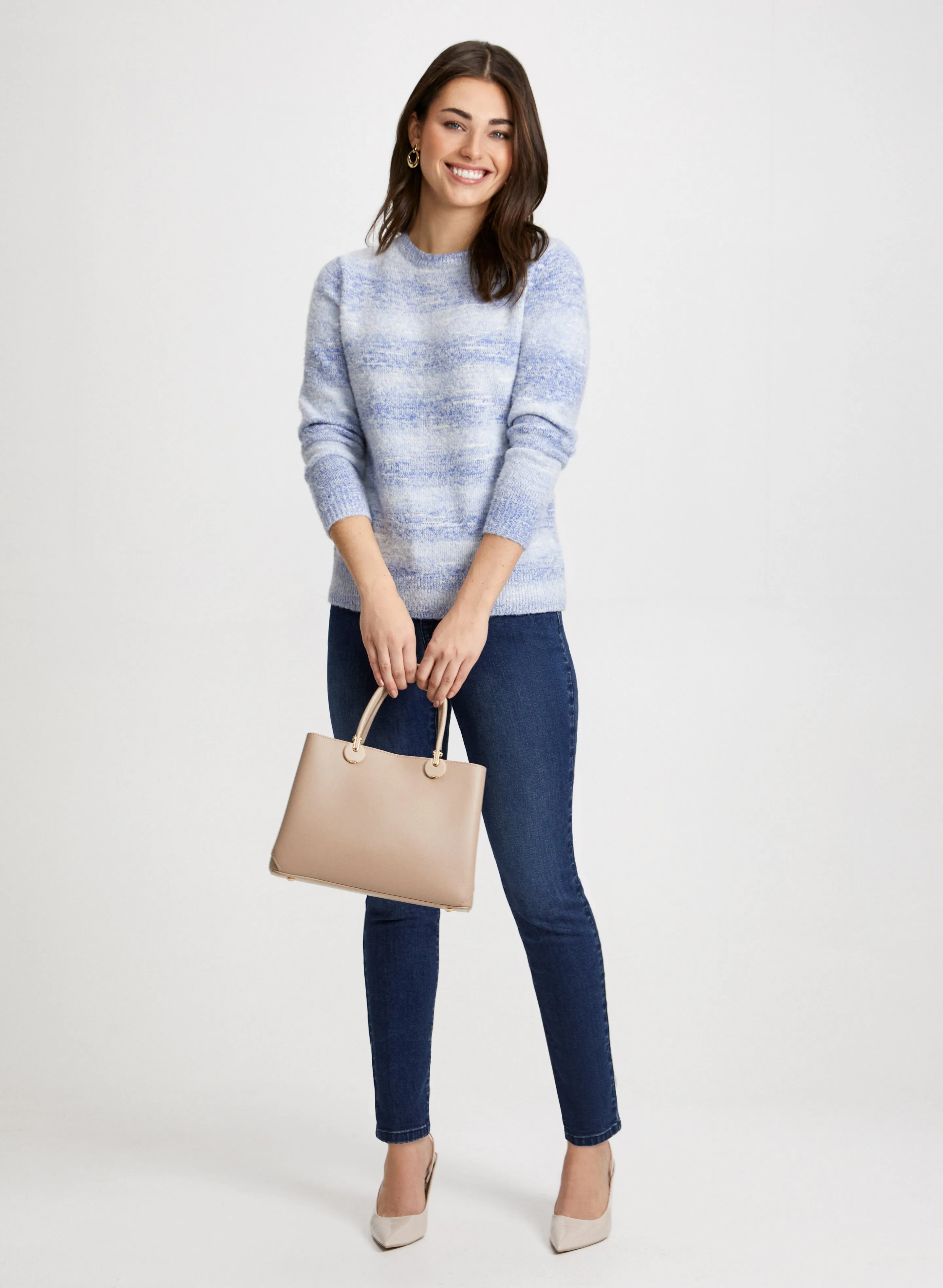 Striped Sweater, Jeans & Vegan Leather Bag sold by Laura