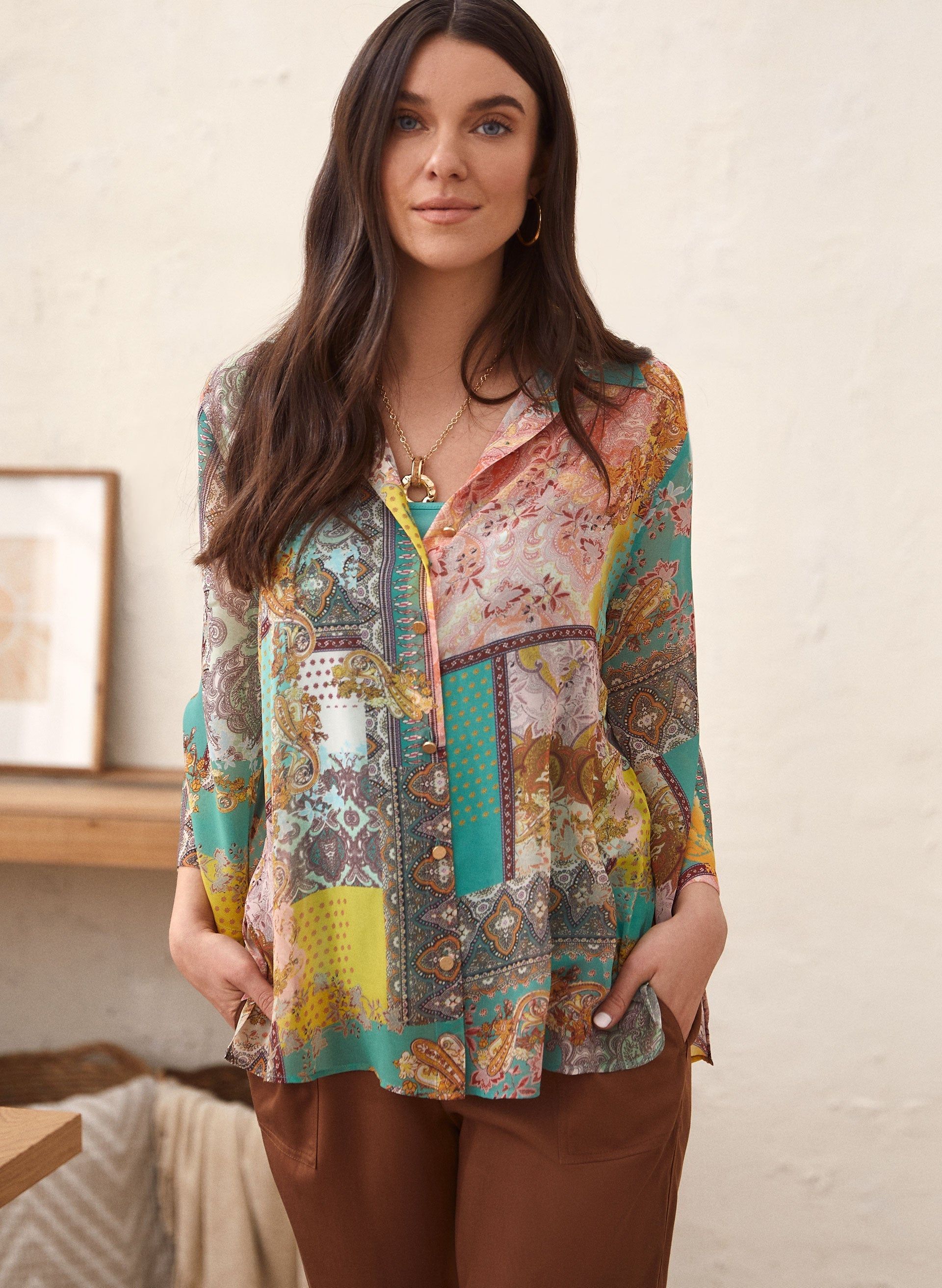 Patchwork Print Button-Up Blouse sold by Laura product image thumbnail 2