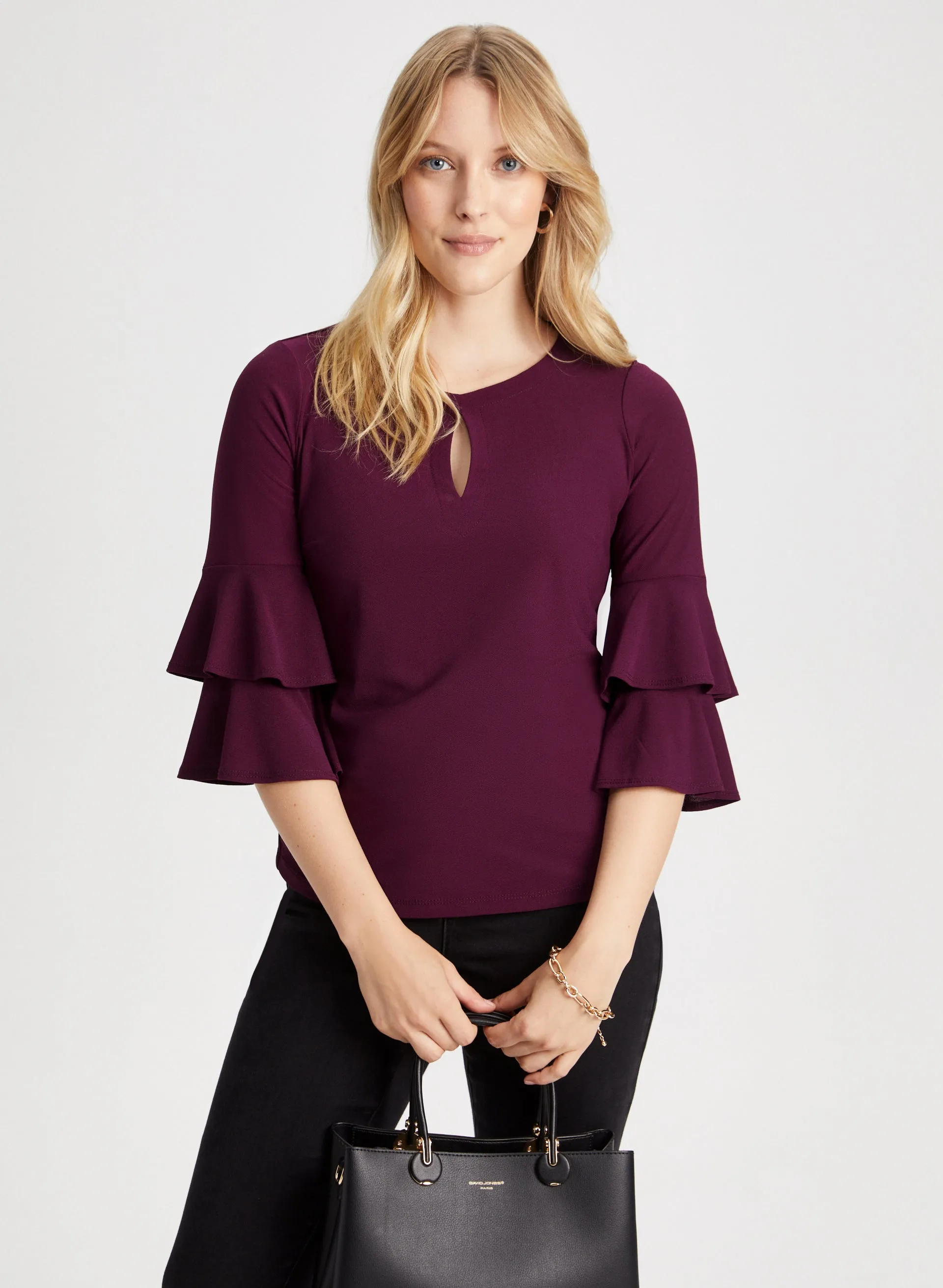 Ruffle Sleeve Keyhole Top sold by Laura