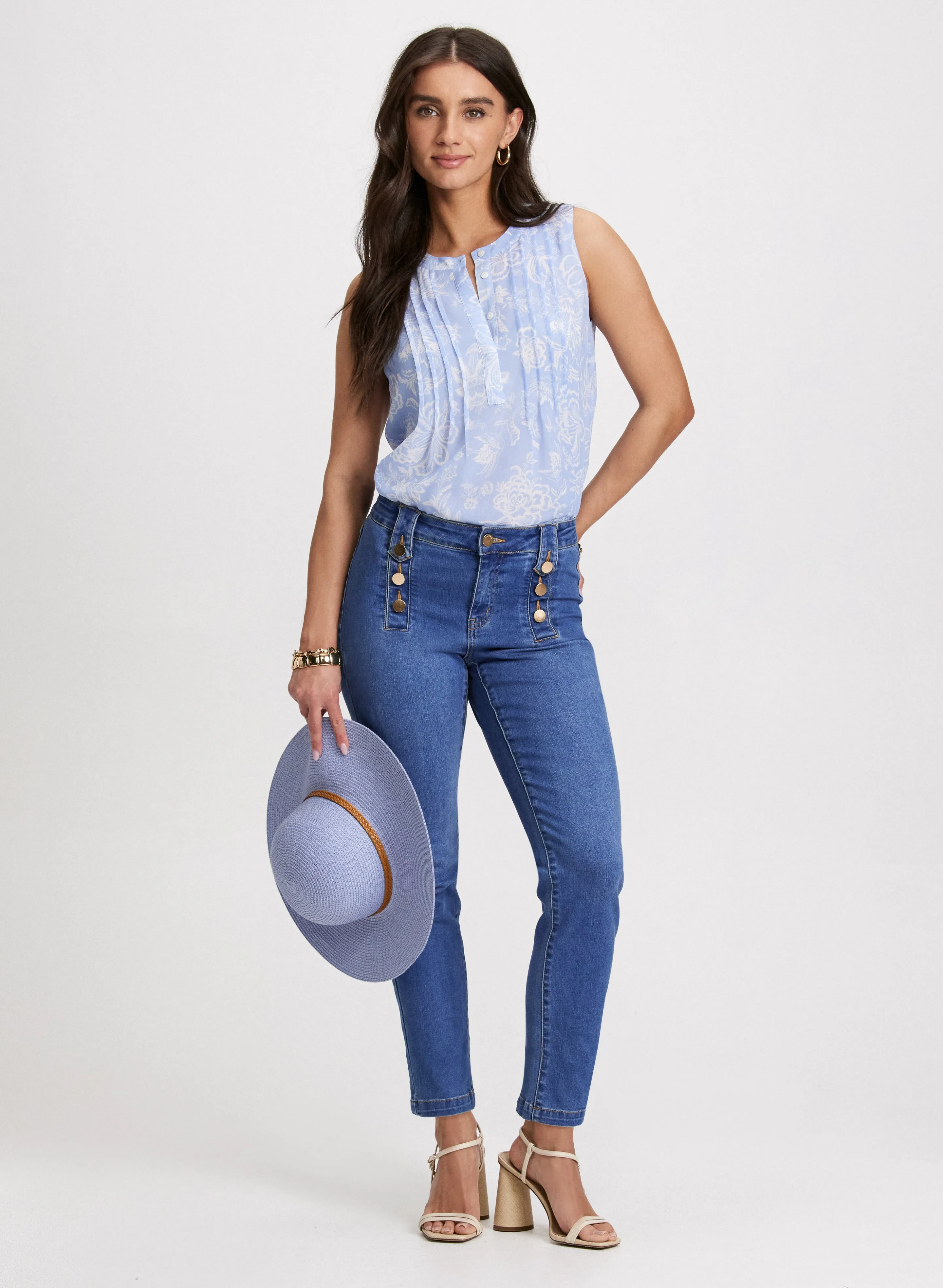 Sleeveless Floral Pleated Blouse & Button Trim Straight-Leg Jeans sold by Laura