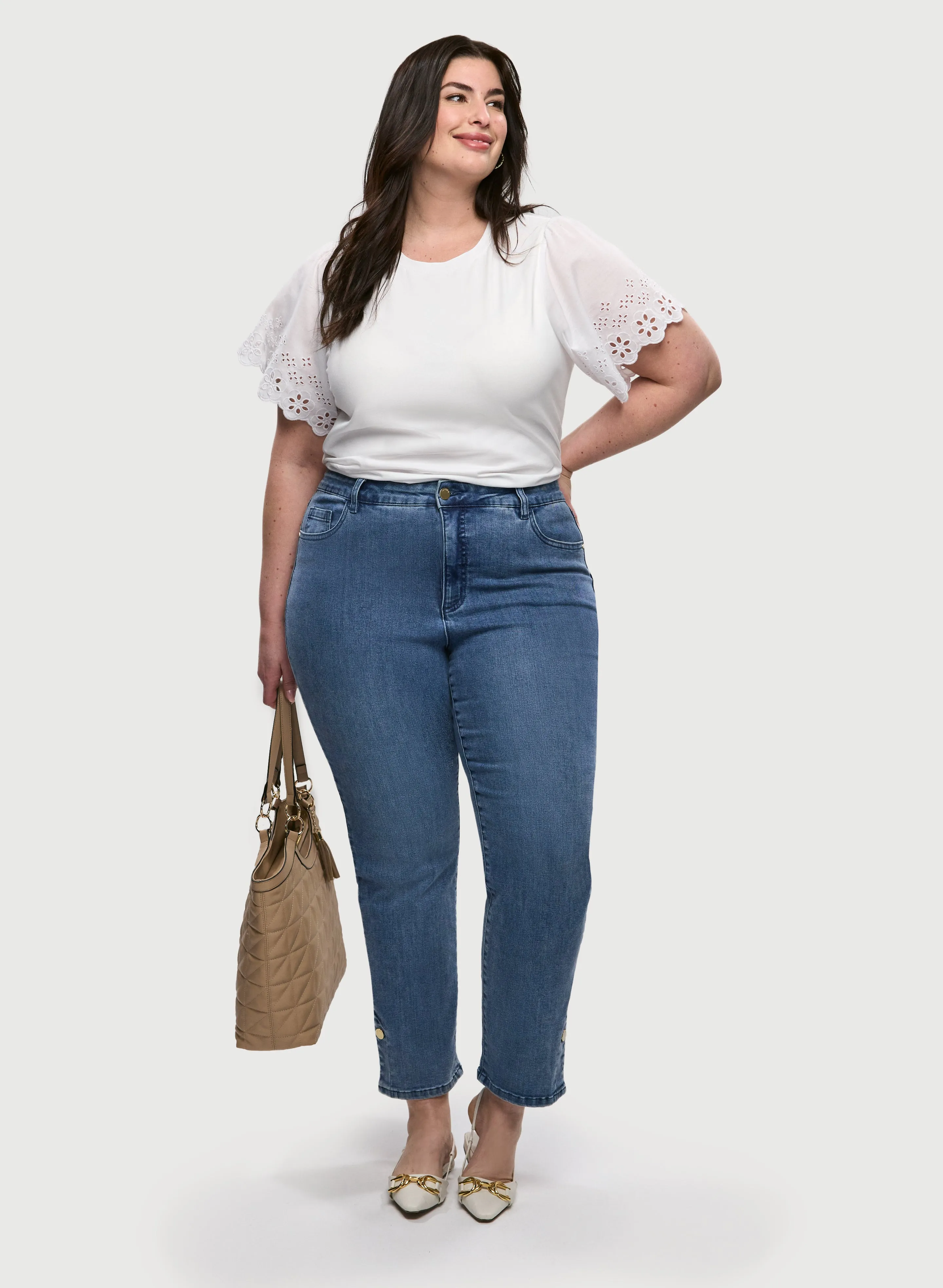 Eyelet Sleeve Tee & Slit Hem Jeans sold by Laura