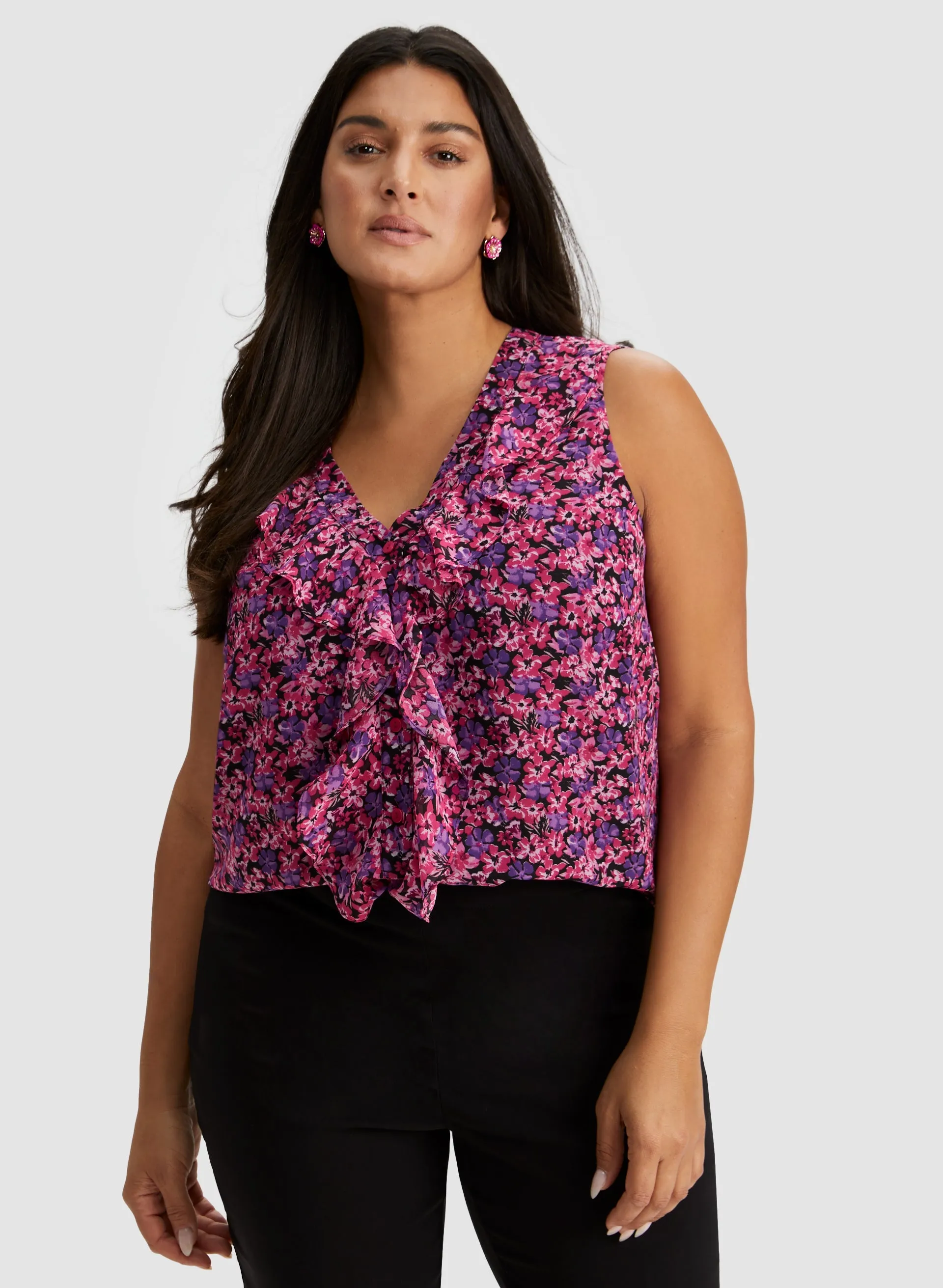 Floral Print Sleeveless Ruffle Blouse sold by Laura
