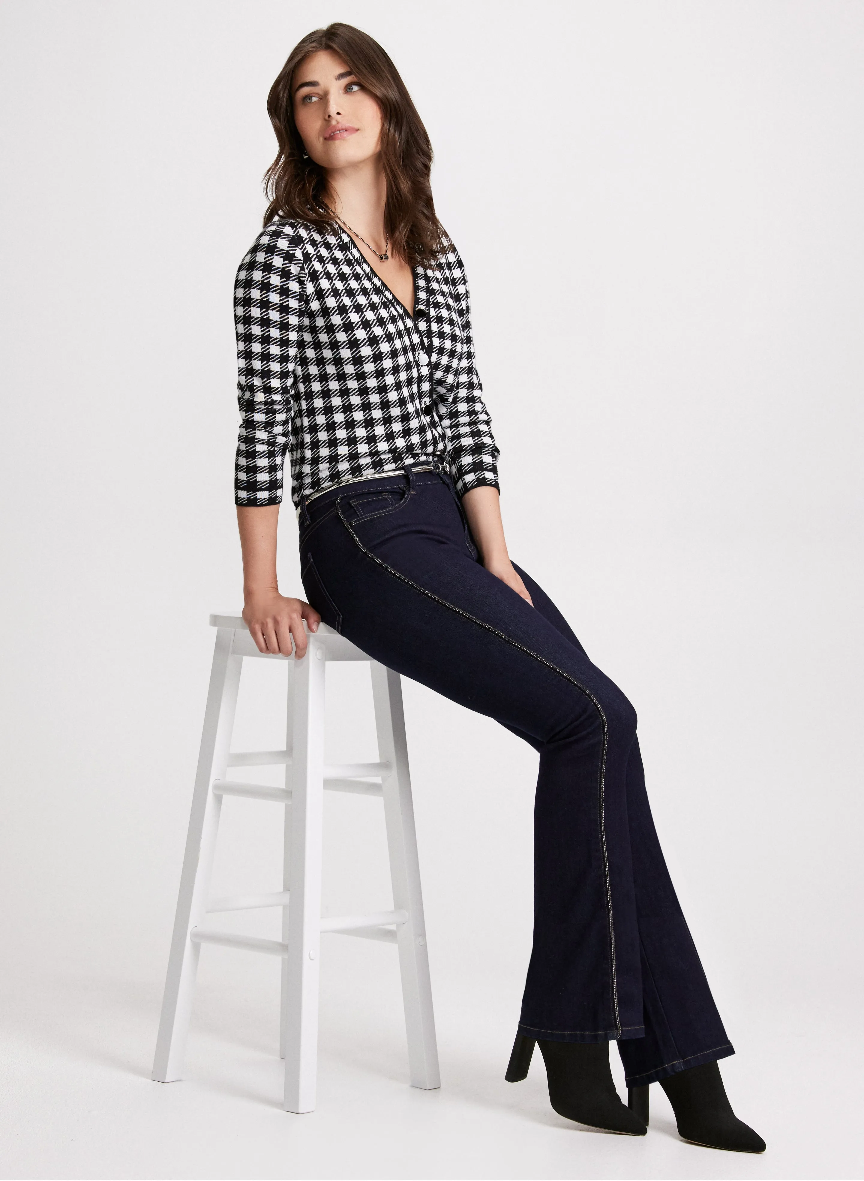 Houndstooth Print Cardigan & Flare-Leg Jeans sold by Laura