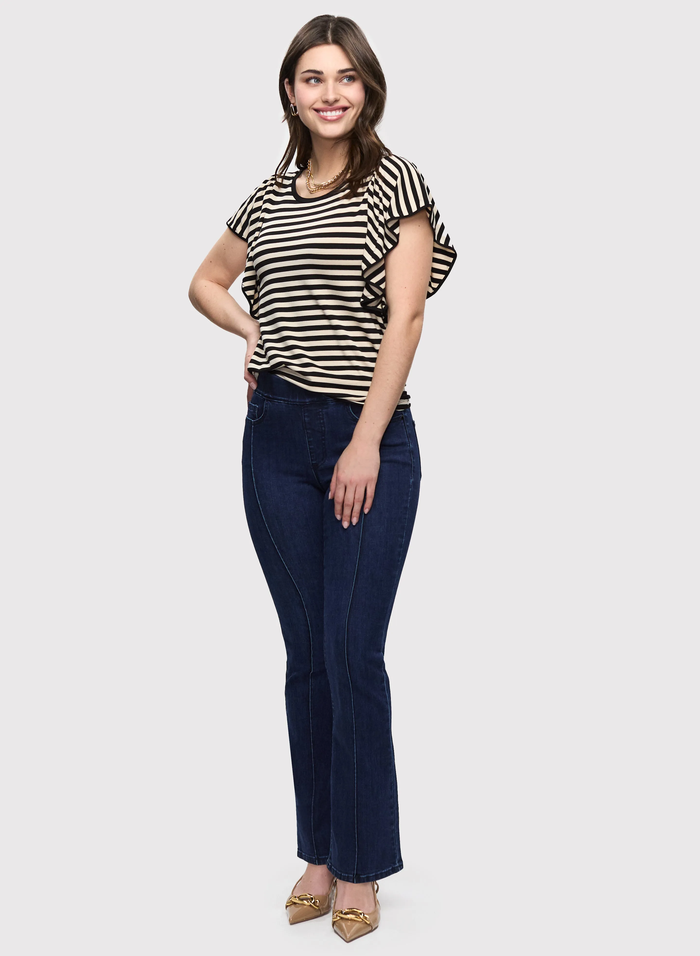 Striped Ruffle Sleeve T-Shirt & Seam Bootcut Jeans sold by Laura