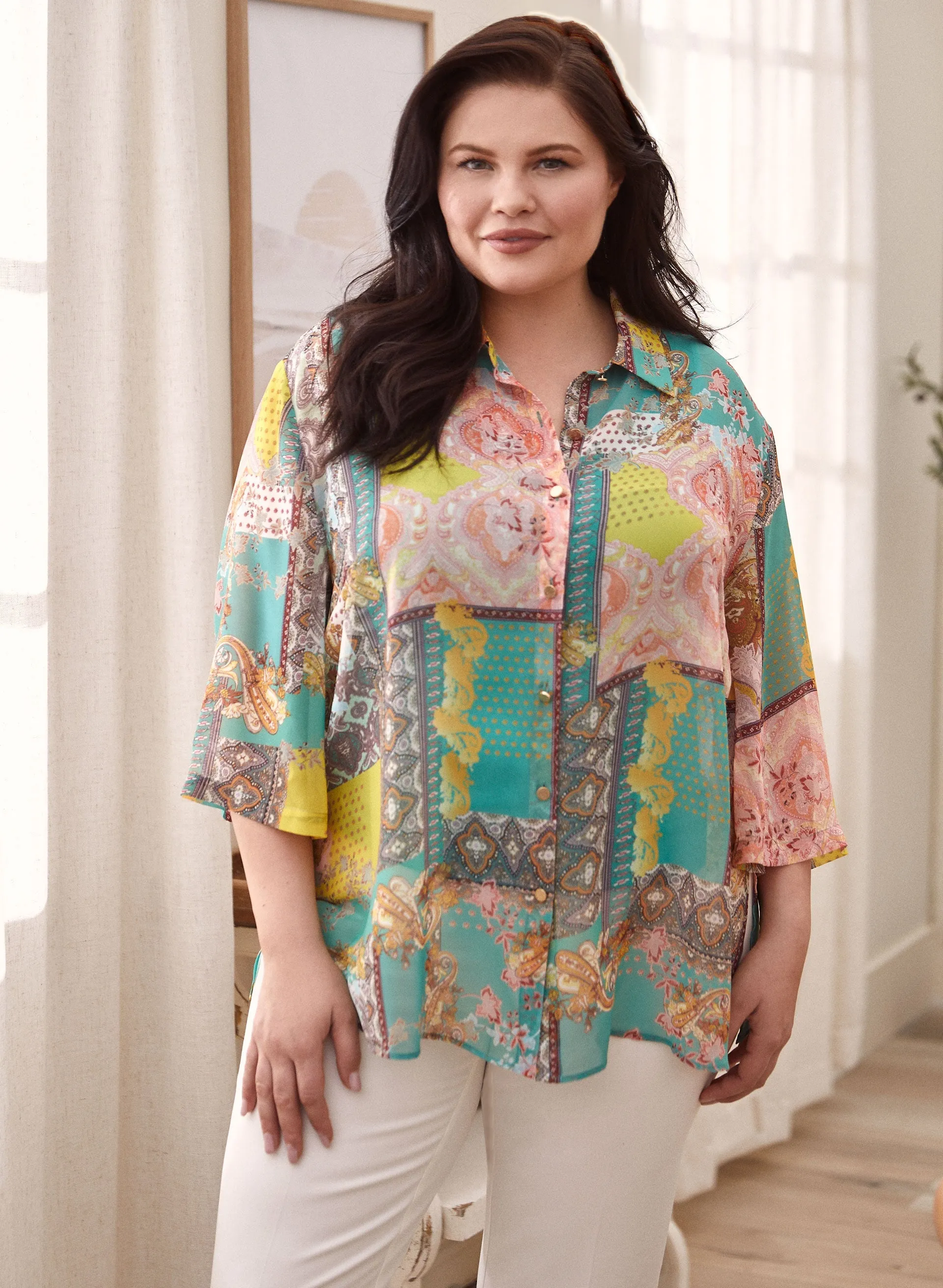 Patchwork Print Button-Up Blouse sold by Laura