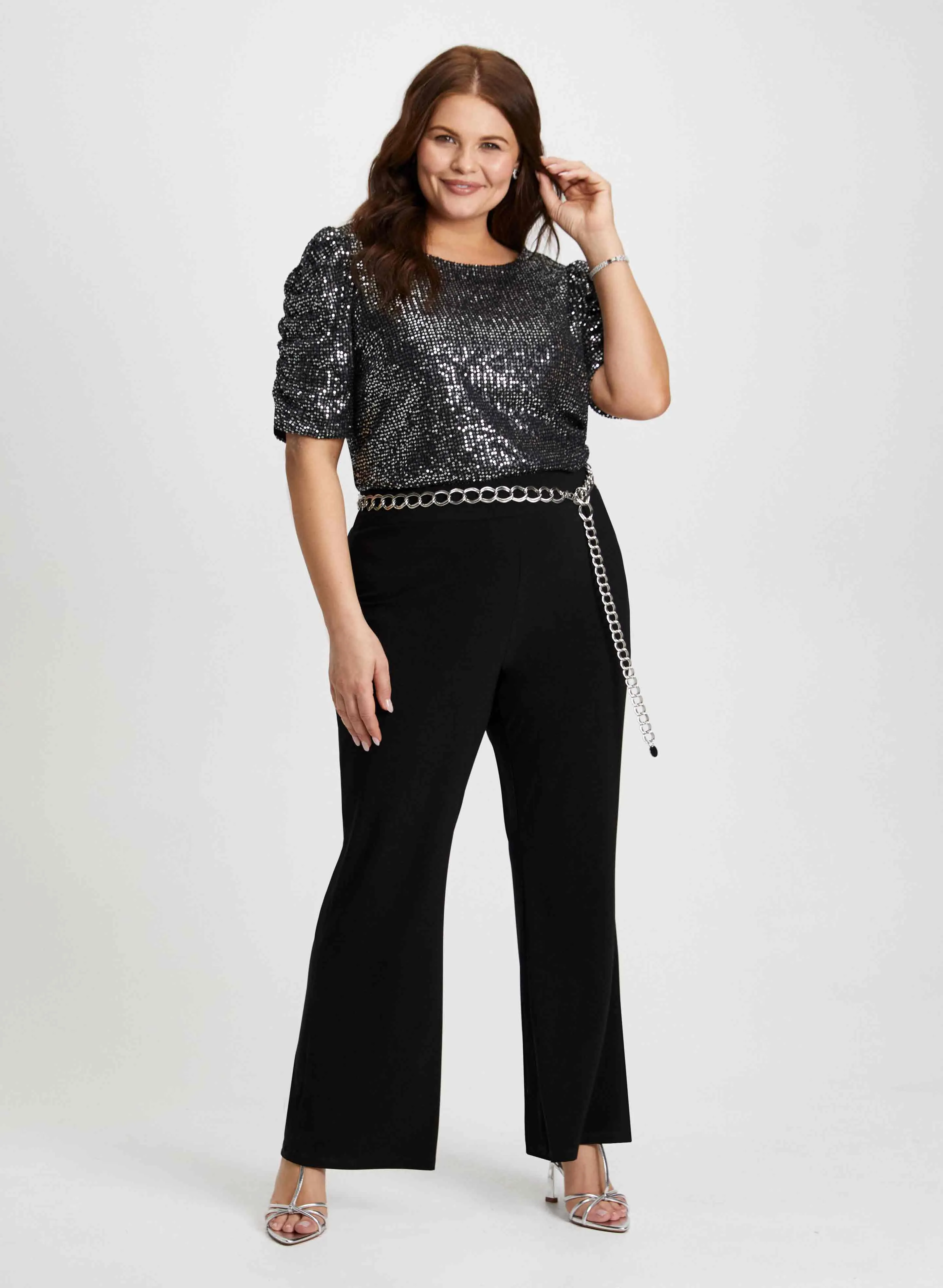 Shirred Sleeve Sequin Top & Flare Pants sold by Laura