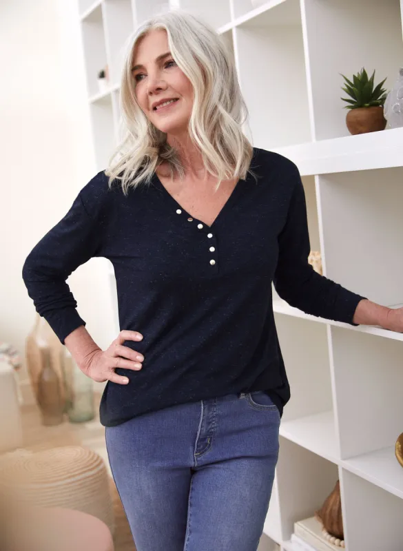 Button Detail V-Neck Top sold by Laura