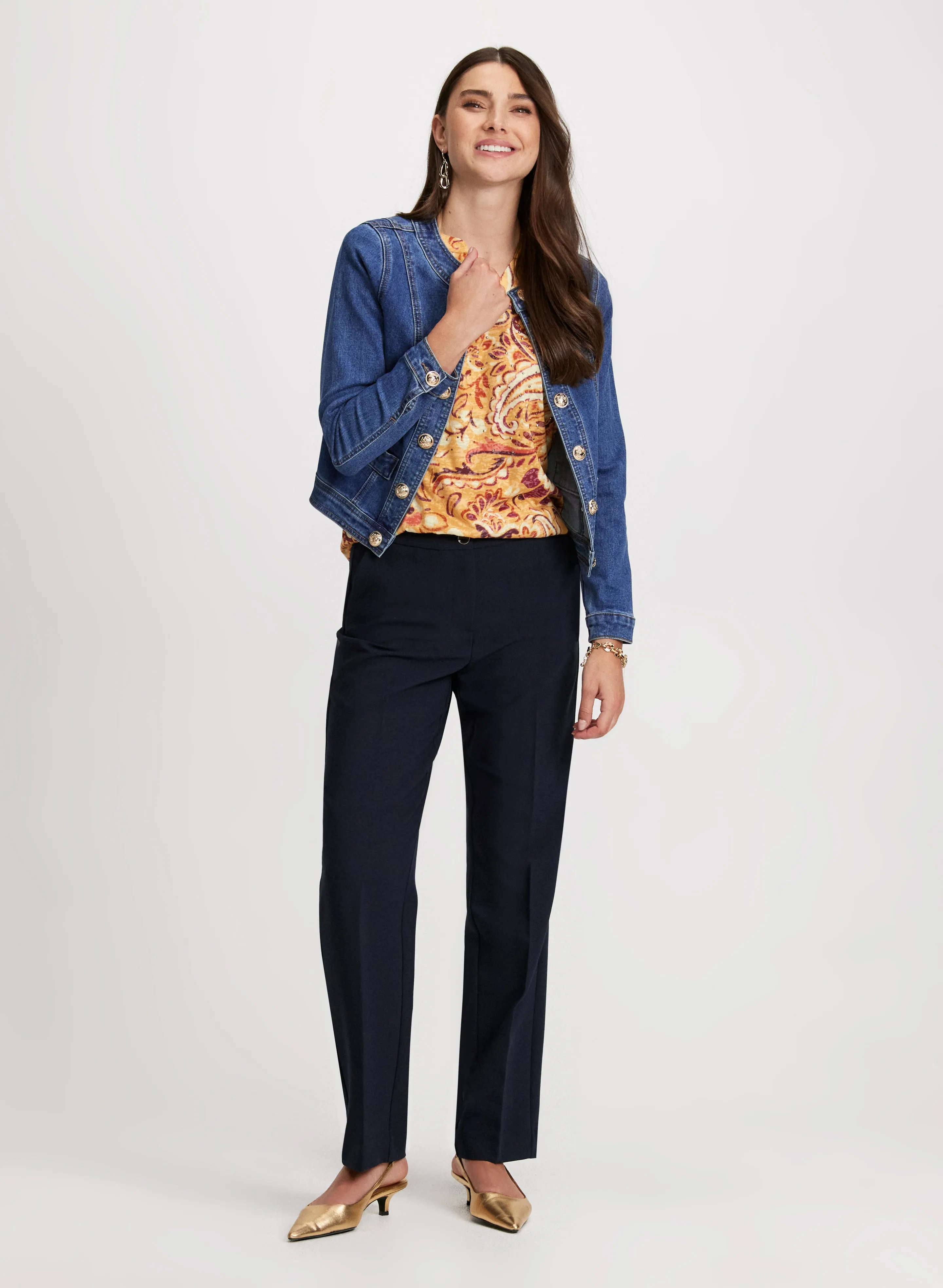 Button Trim Denim Jacket & Straight Leg Pants sold by Laura