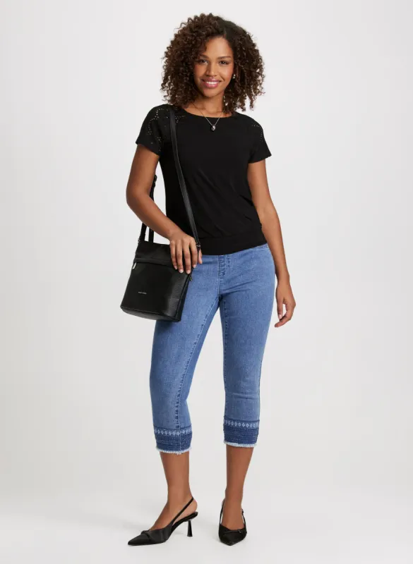 Short Eyelet Sleeve Top & Beads & Fringes Pull-On Jeans sold by Laura