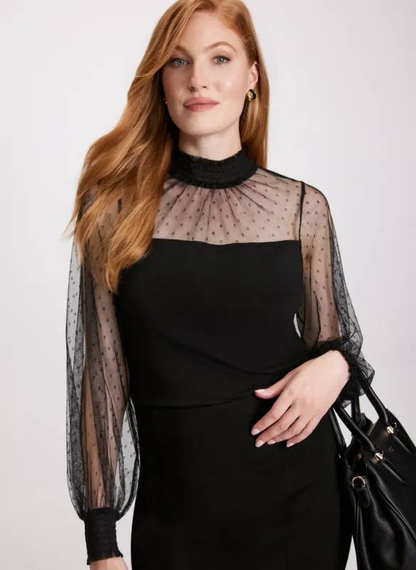 Mock Neck Mesh Sleeve Top sold by Laura