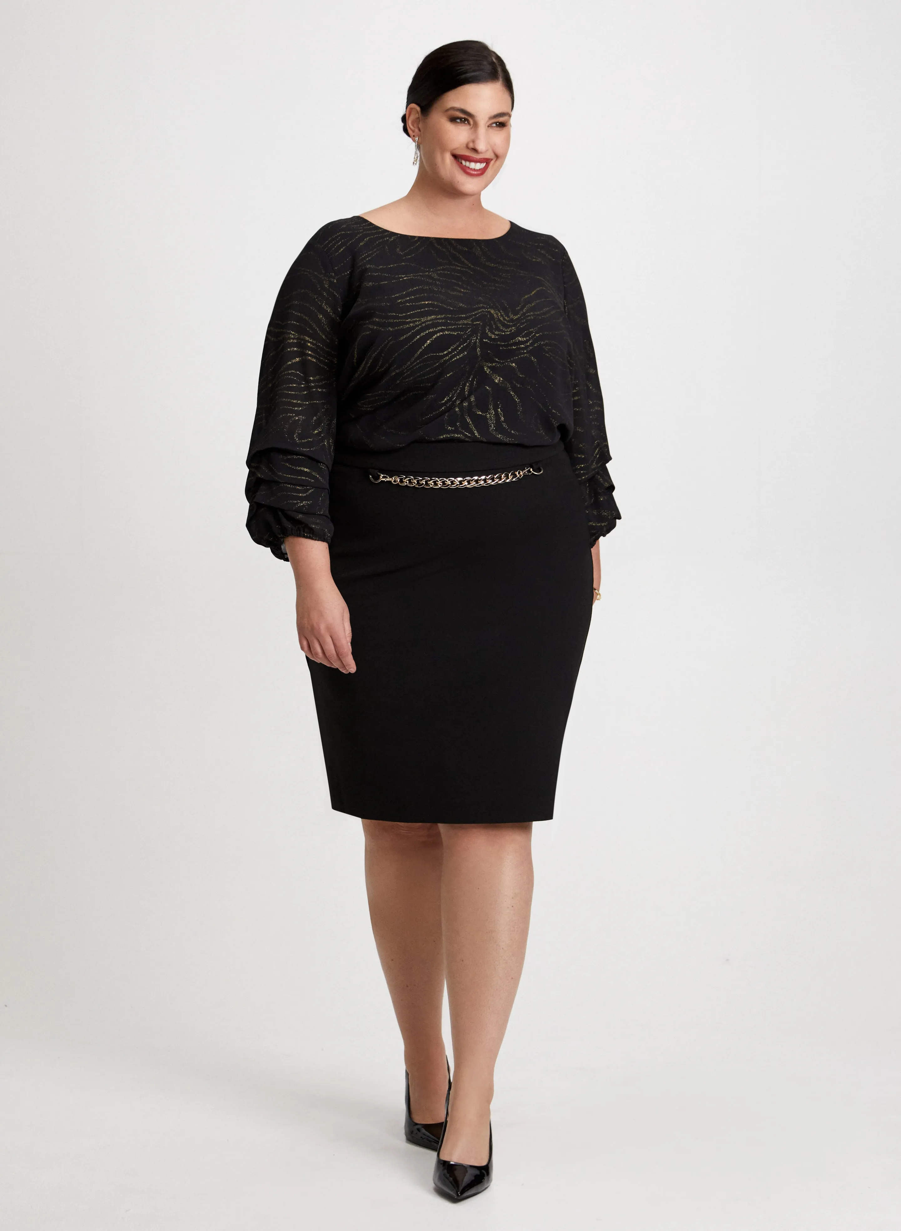 Pencil Skirt & Gold Print Blouse sold by Laura