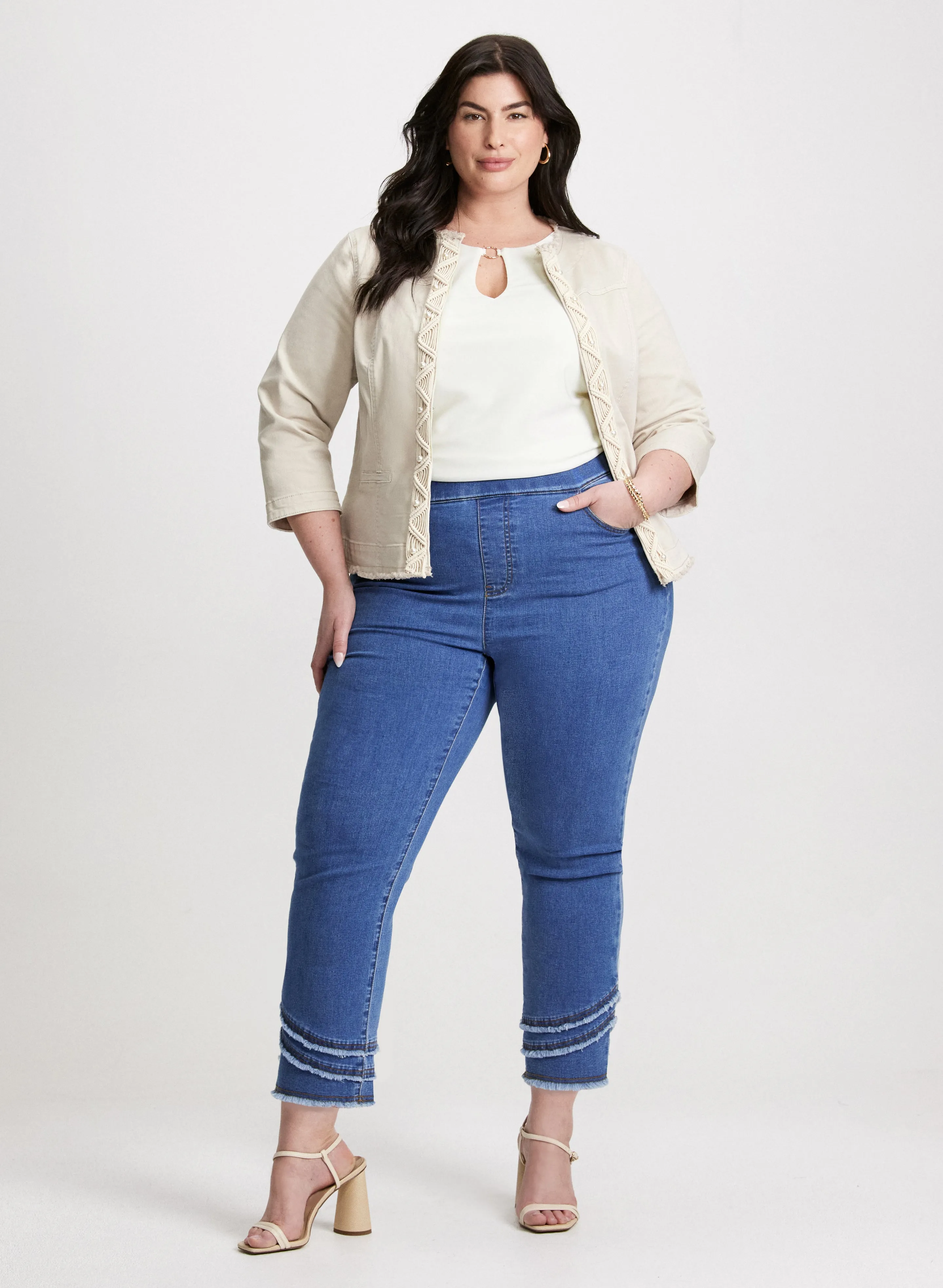 Braided Trim Jacket & Frayed Capri Jeans sold by Laura