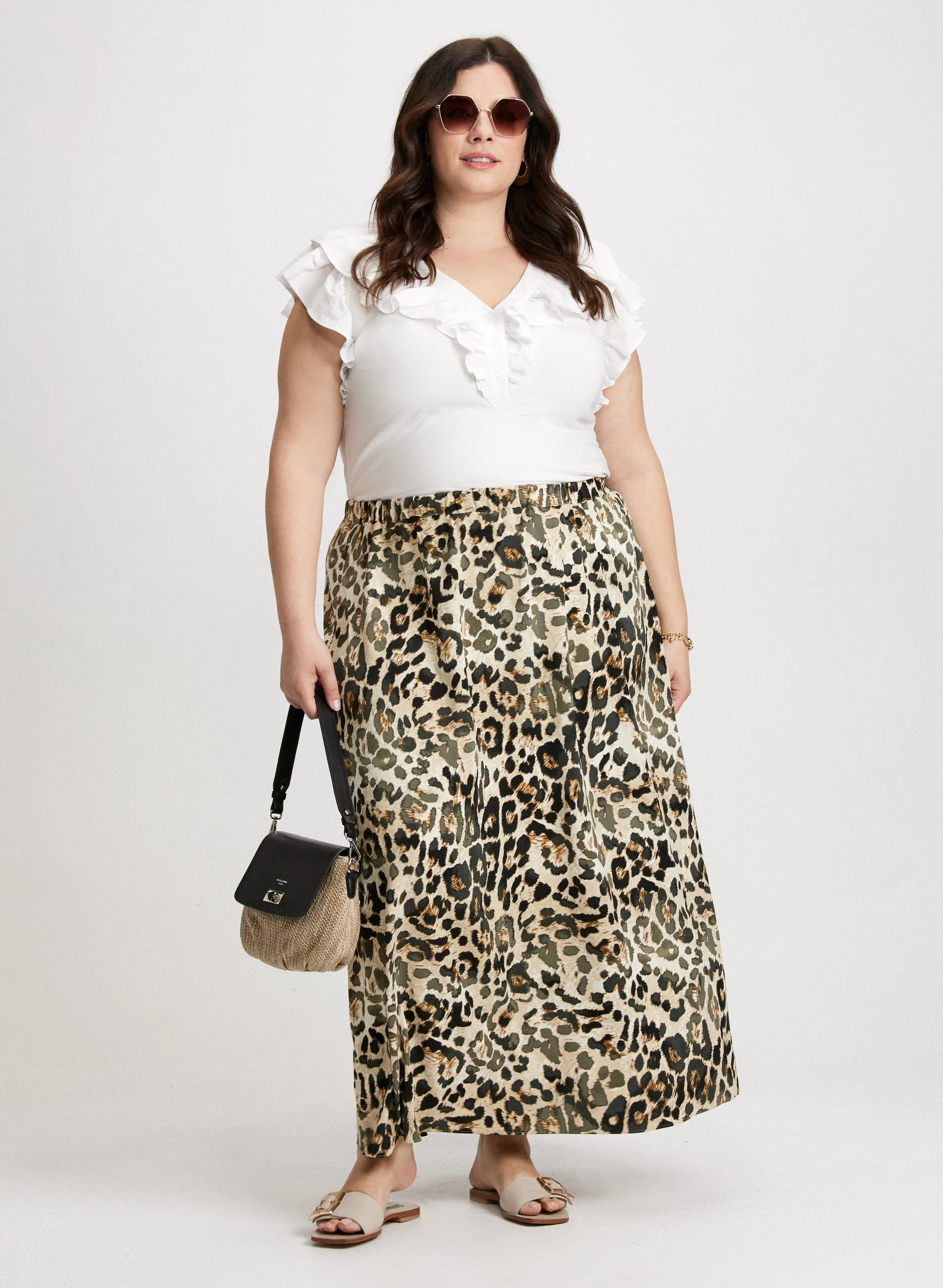 Ruffle Trim Tee & Long Leopard-Print Skirt sold by Laura