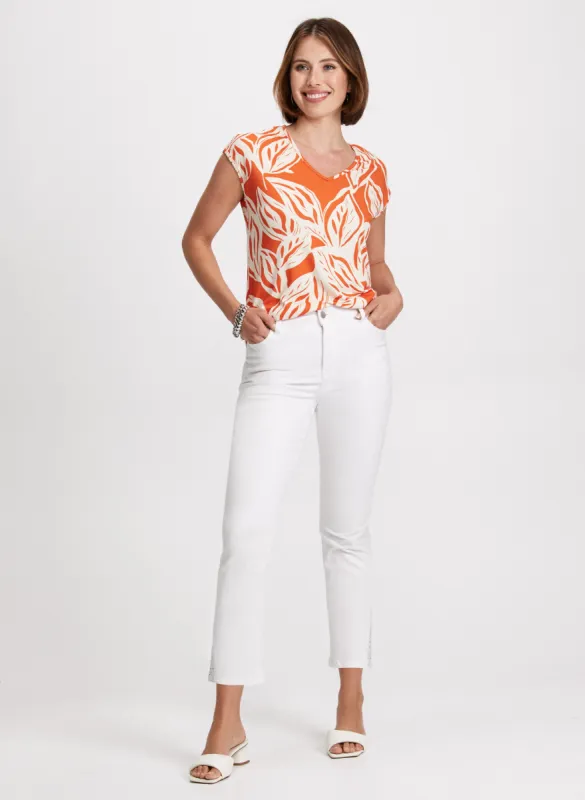 Leaf Print Top & Rhinestone Trim Jeans sold by Laura