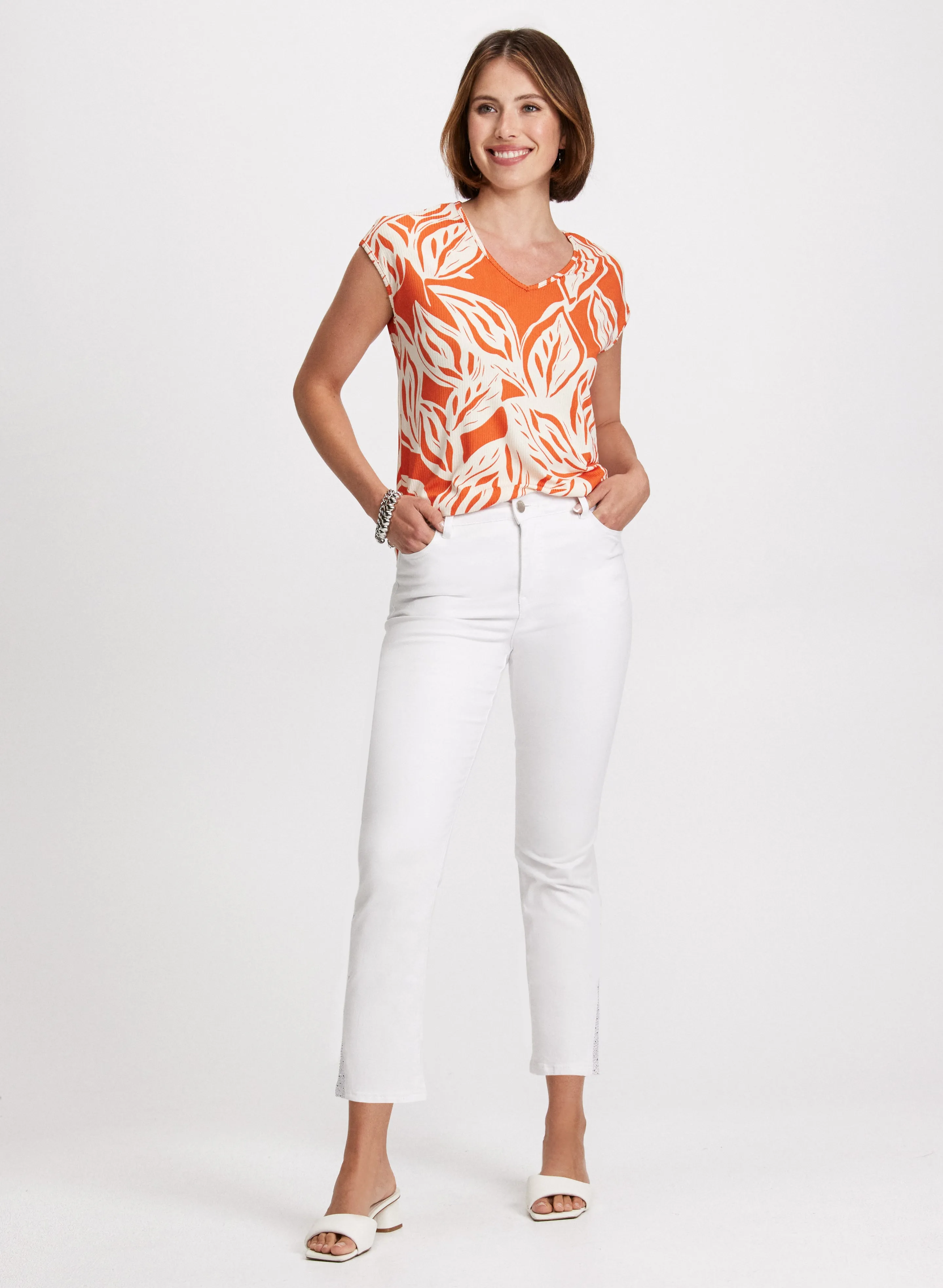 Leaf Print Top & Rhinestone Trim Jeans sold by Laura