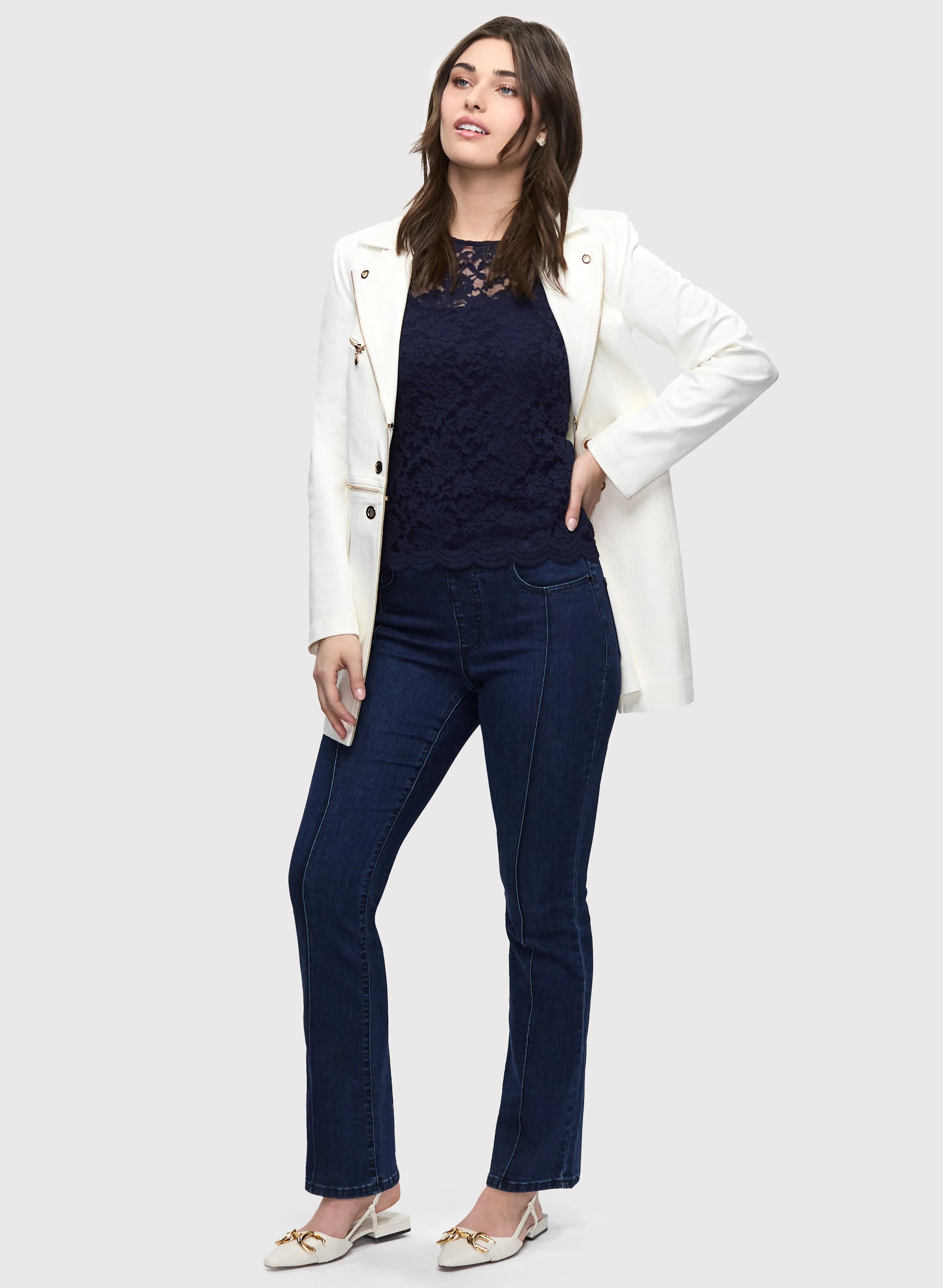 Long Zipper Trim Jacket & Seam Bootcut Jeans sold by Laura