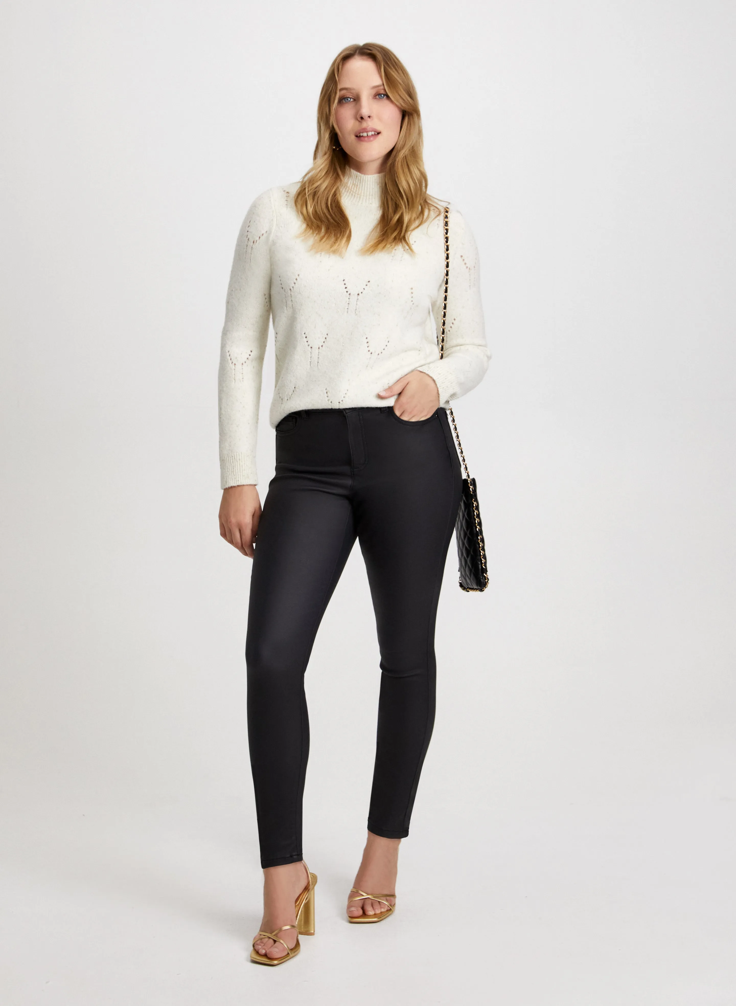 Pointelle Knit Sweater & Coated Jeans sold by Laura
