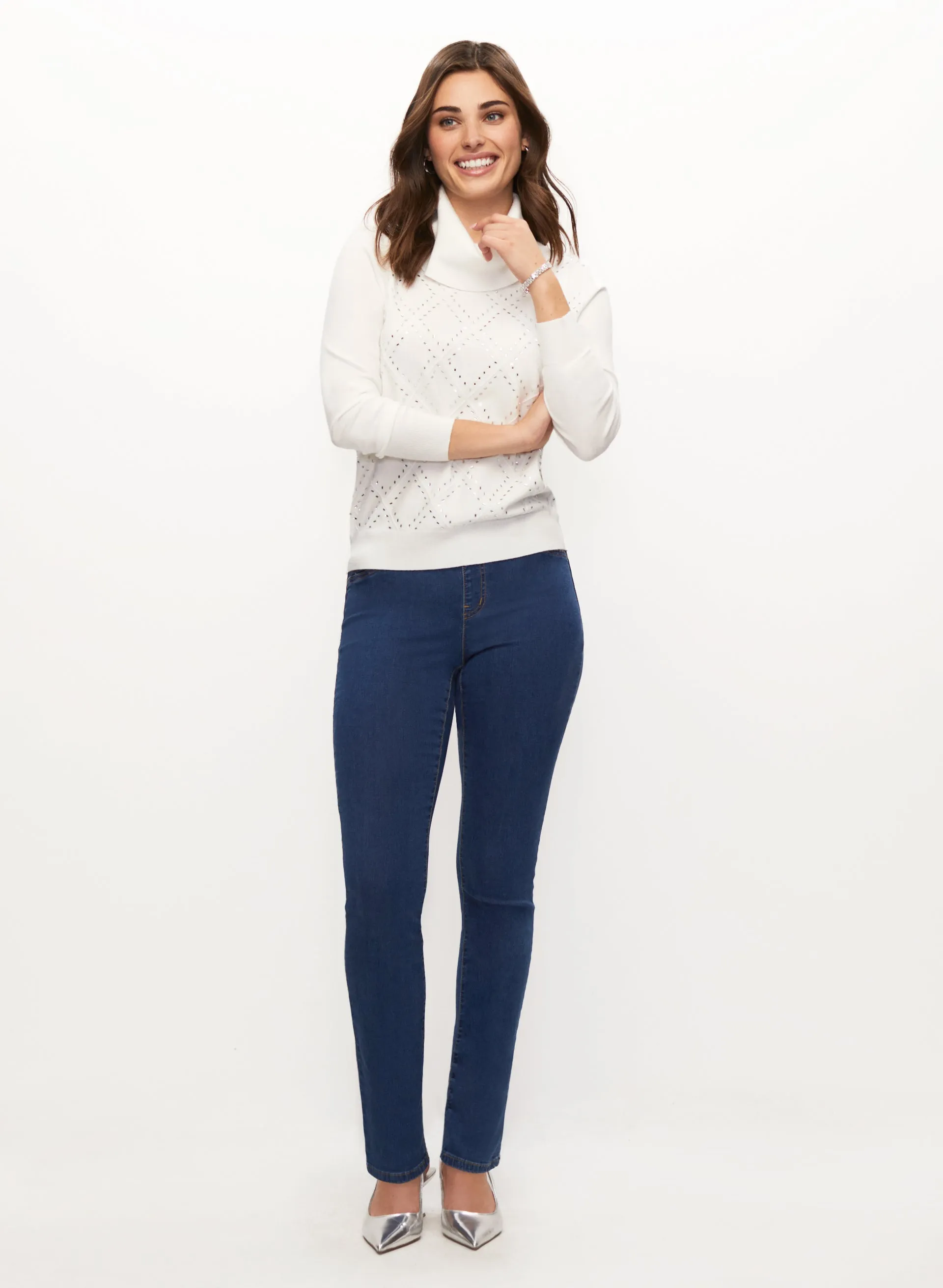 Argyle Knit Sweater & Pull-On Straight Leg Jeans sold by Laura