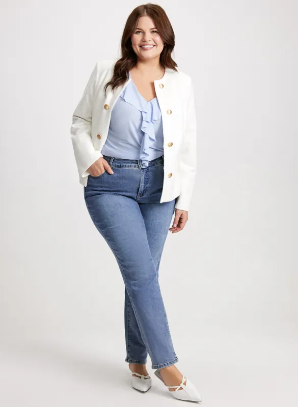 Short Bouclé Jacket & Straight Leg Jeans sold by Laura