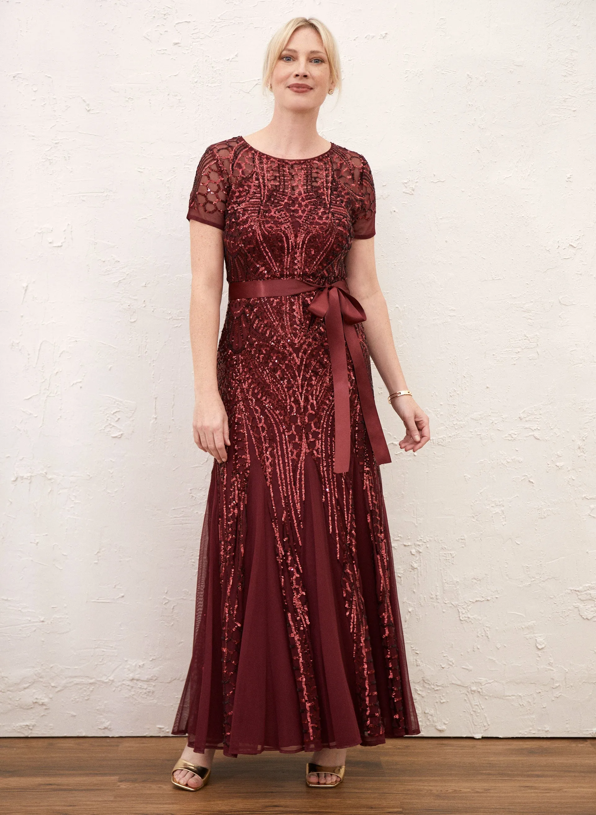 Belted Sequin Mesh Dress sold by Laura