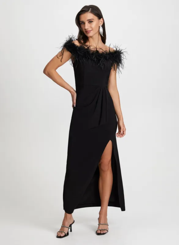 Feather Trim Off-the-Shoulder Dress sold by Laura