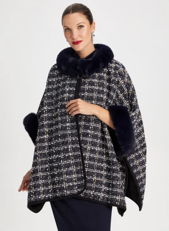 Faux Fur Collar Tweed Poncho sold by Laura